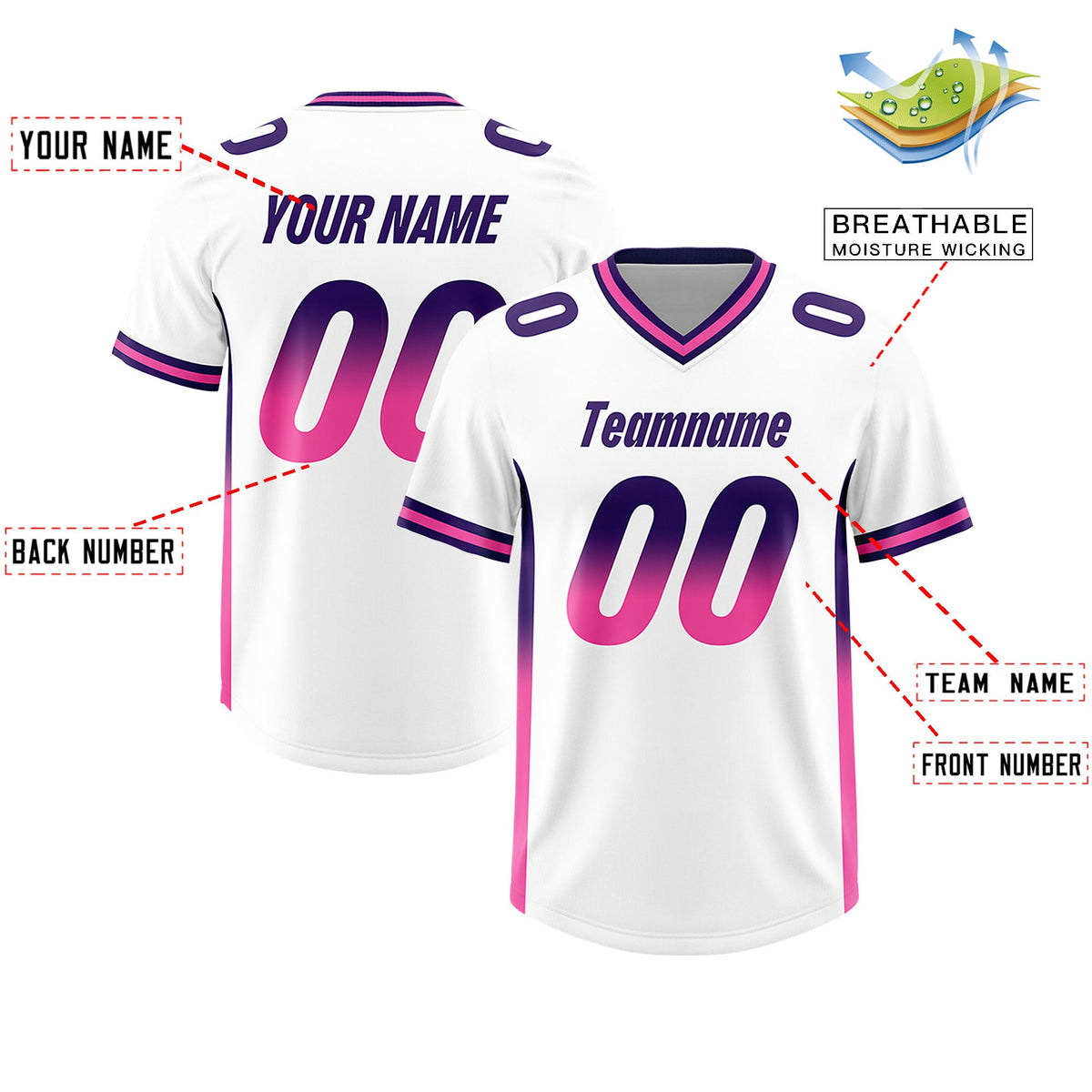 Custom White Purple and Pink Sides Gradient Fashion Personalized Team Football Jersey