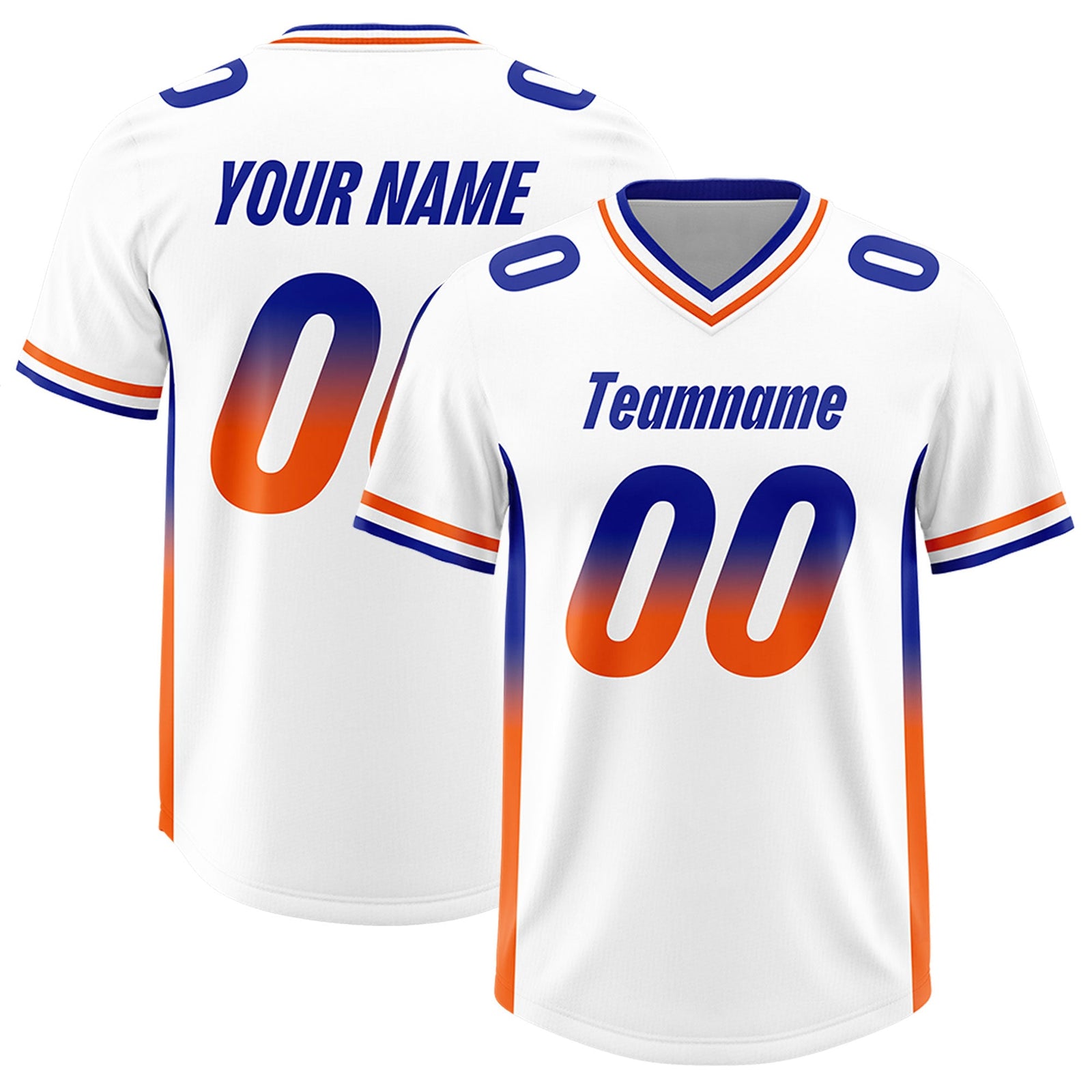 Custom White Royal and Orange Sides Gradient Fashion Personalized Team Football Jersey