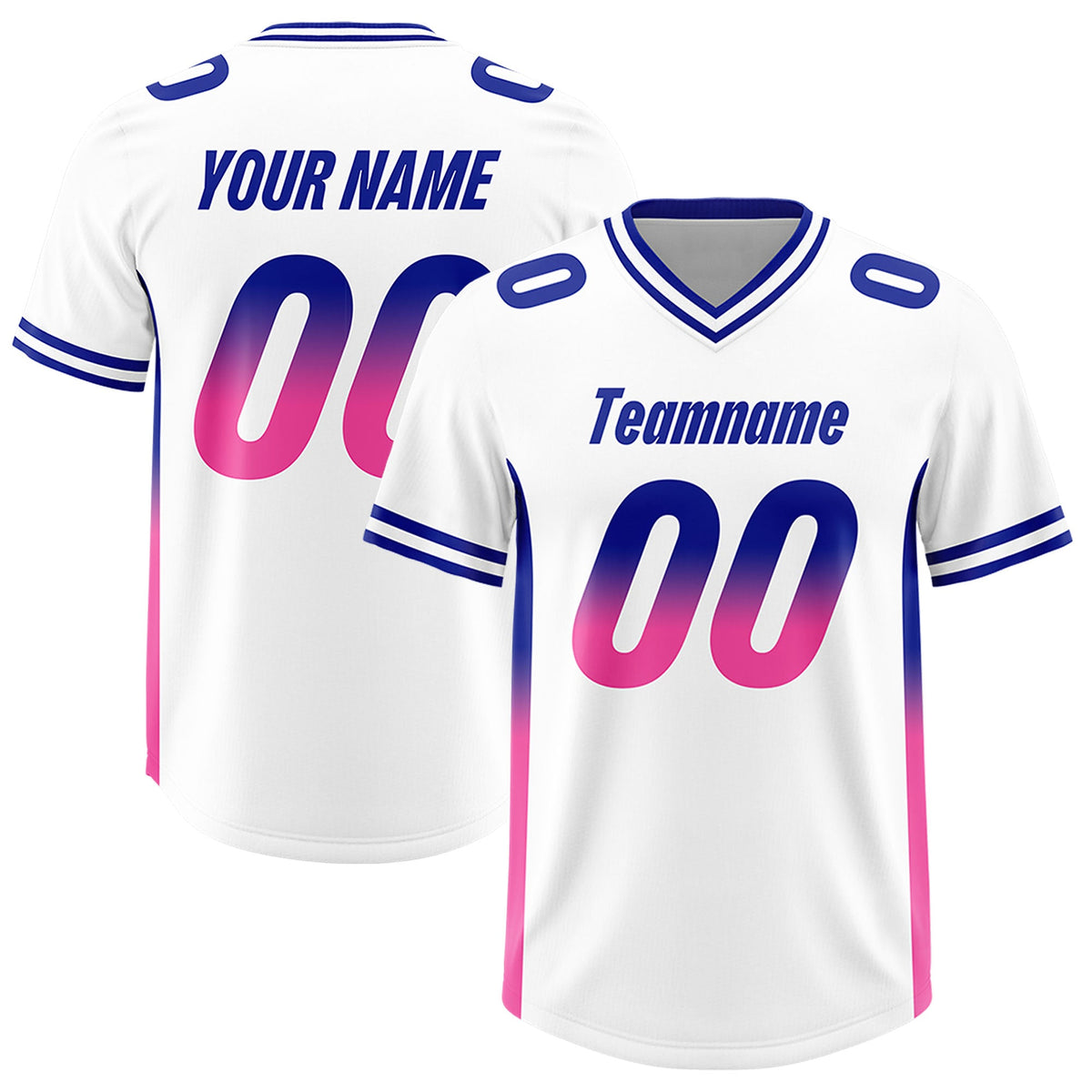 Custom White Royal and Pink Sides Gradient Fashion Personalized Team Football Jersey