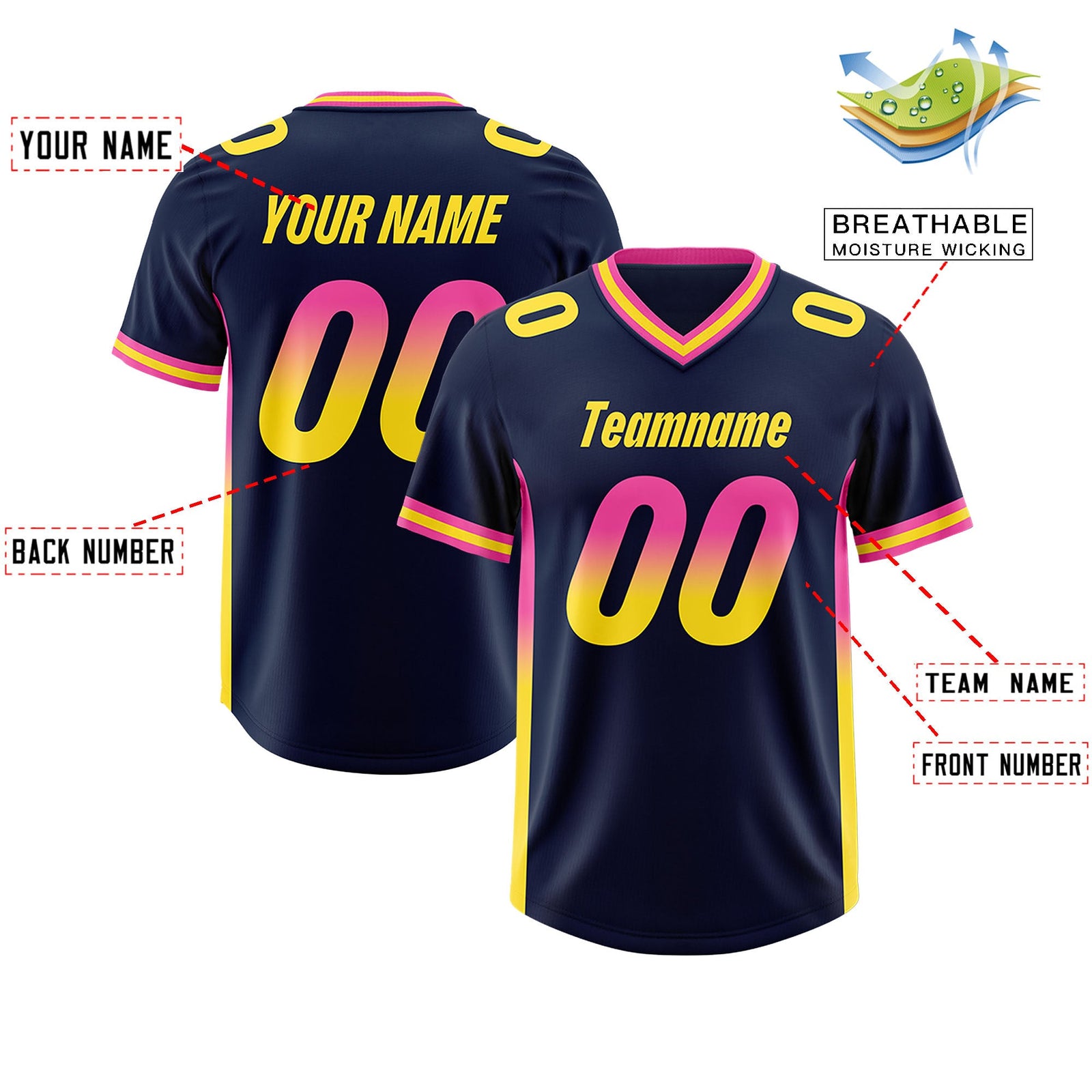Custom Navy Pink and Gold Sides Gradient Fashion Personalized Team Football Jersey