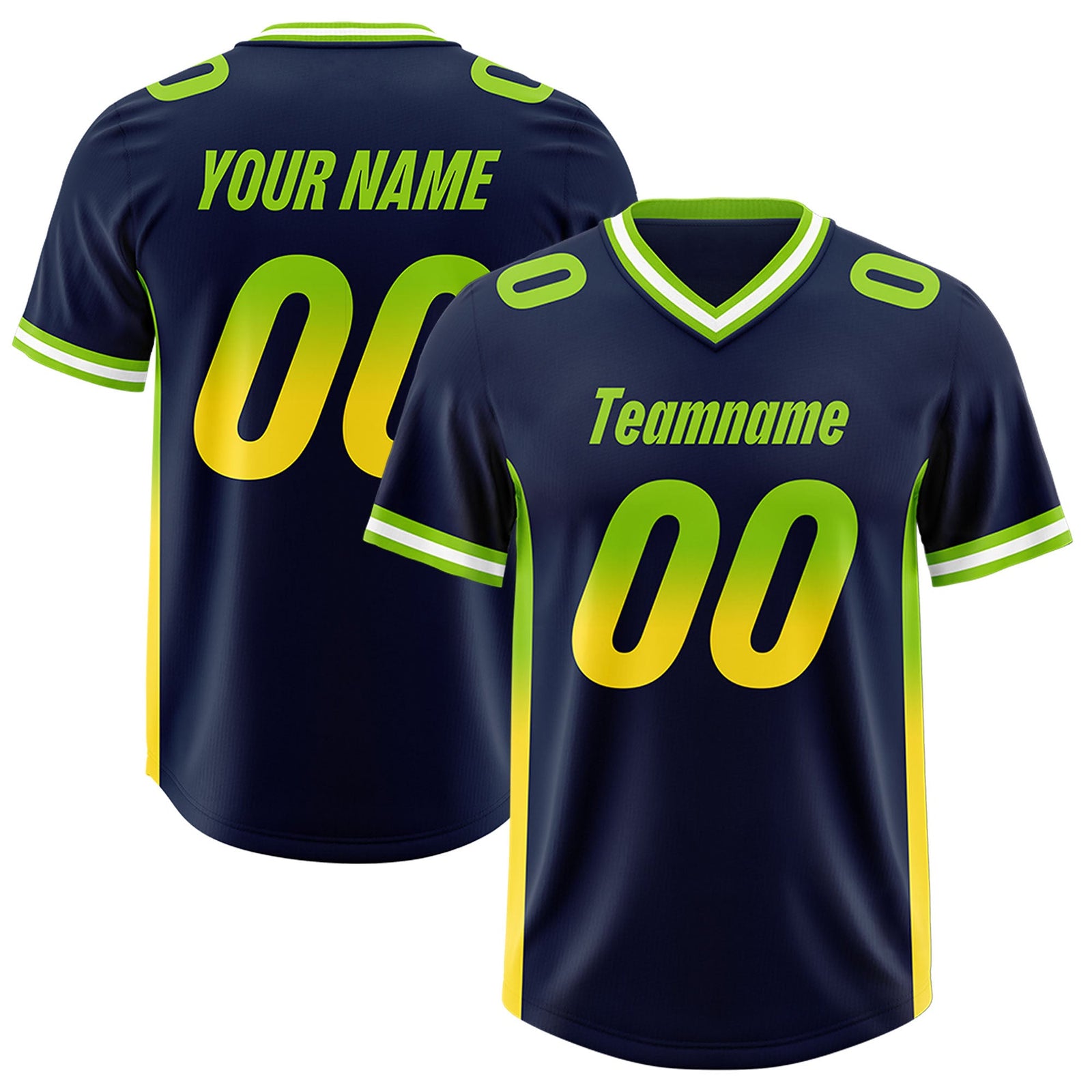 Custom Navy Neon Green and Gold Sides Gradient Fashion Personalized Team Football Jersey