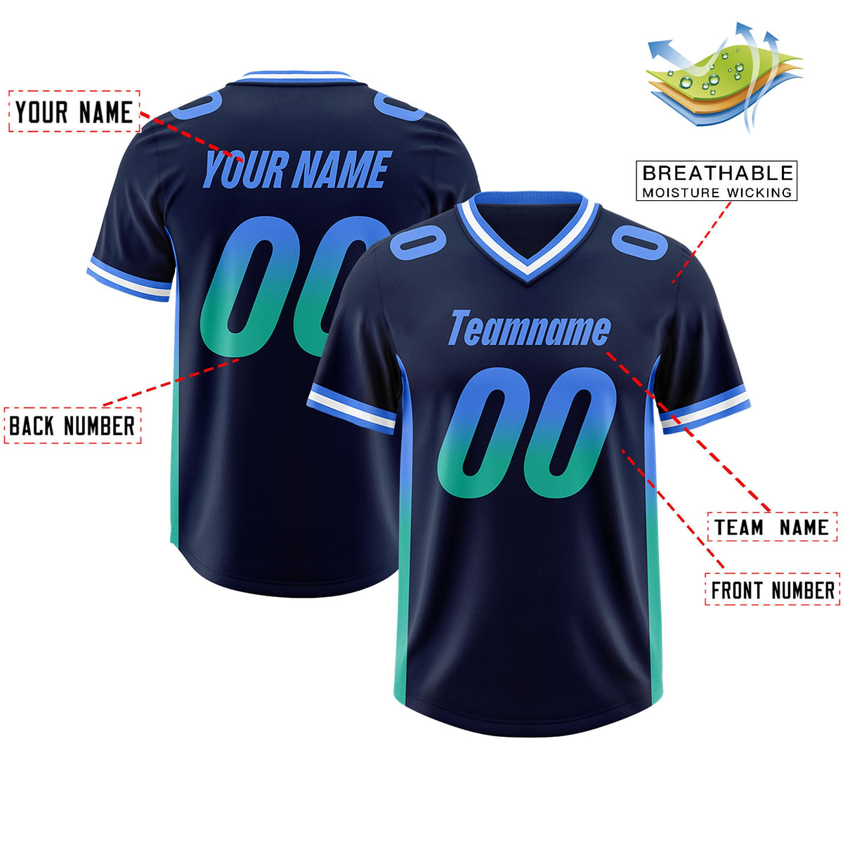 Custom Navy Powder Blue and Bright Green Sides Gradient Fashion Personalized Team Football Jersey