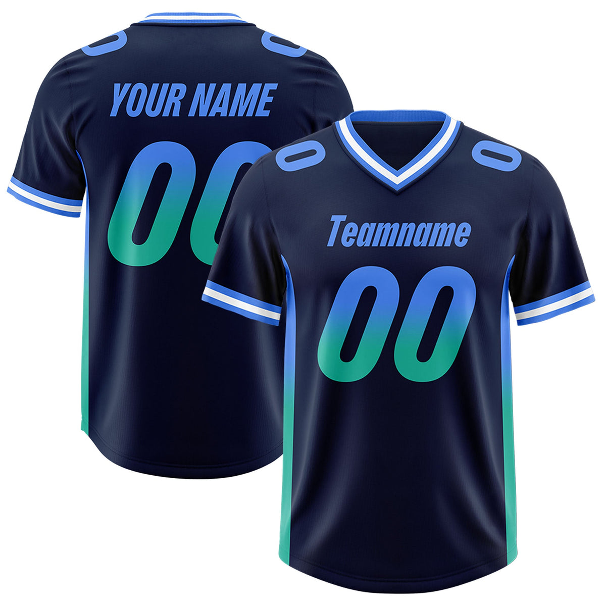 Custom Navy Powder Blue and Bright Green Sides Gradient Fashion Personalized Team Football Jersey