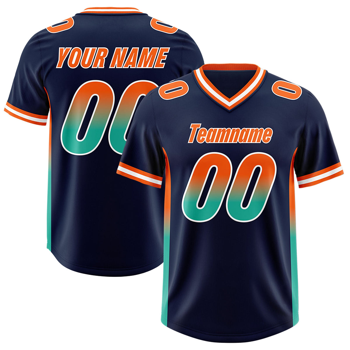 Custom Navy Orange and Bright Green Sides Gradient Fashion Personalized Team Football Jersey