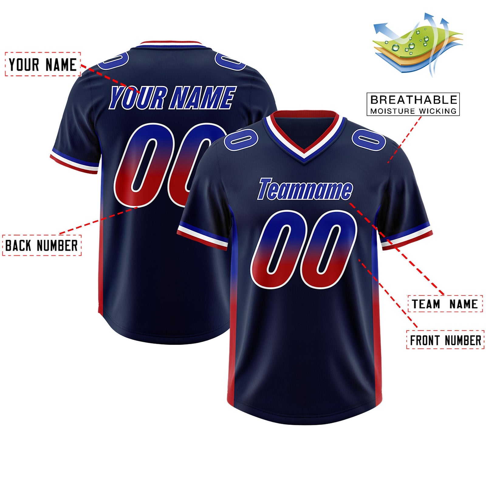 Custom Navy Royal and Red Sides Gradient Fashion Personalized Team Football Jersey