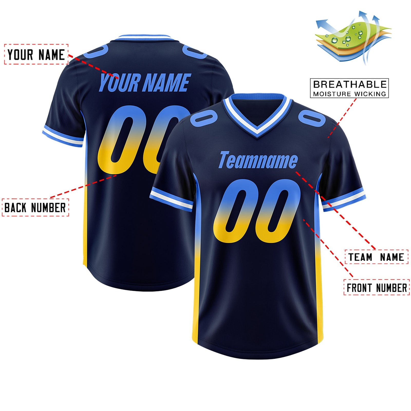 Custom Navy Powder Blue and Gold Sides Gradient Fashion Personalized Team Football Jersey