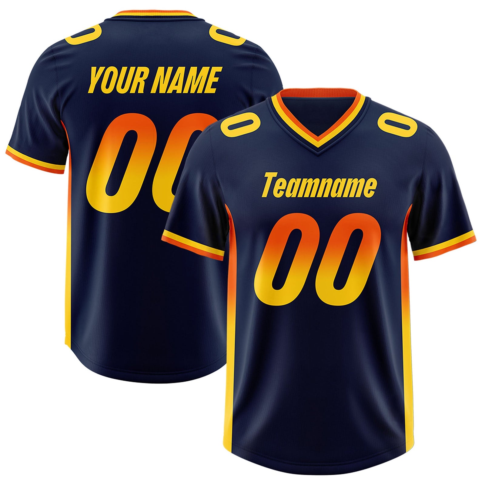 Custom Navy Orange and Gold Sides Gradient Fashion Personalized Team Football Jersey