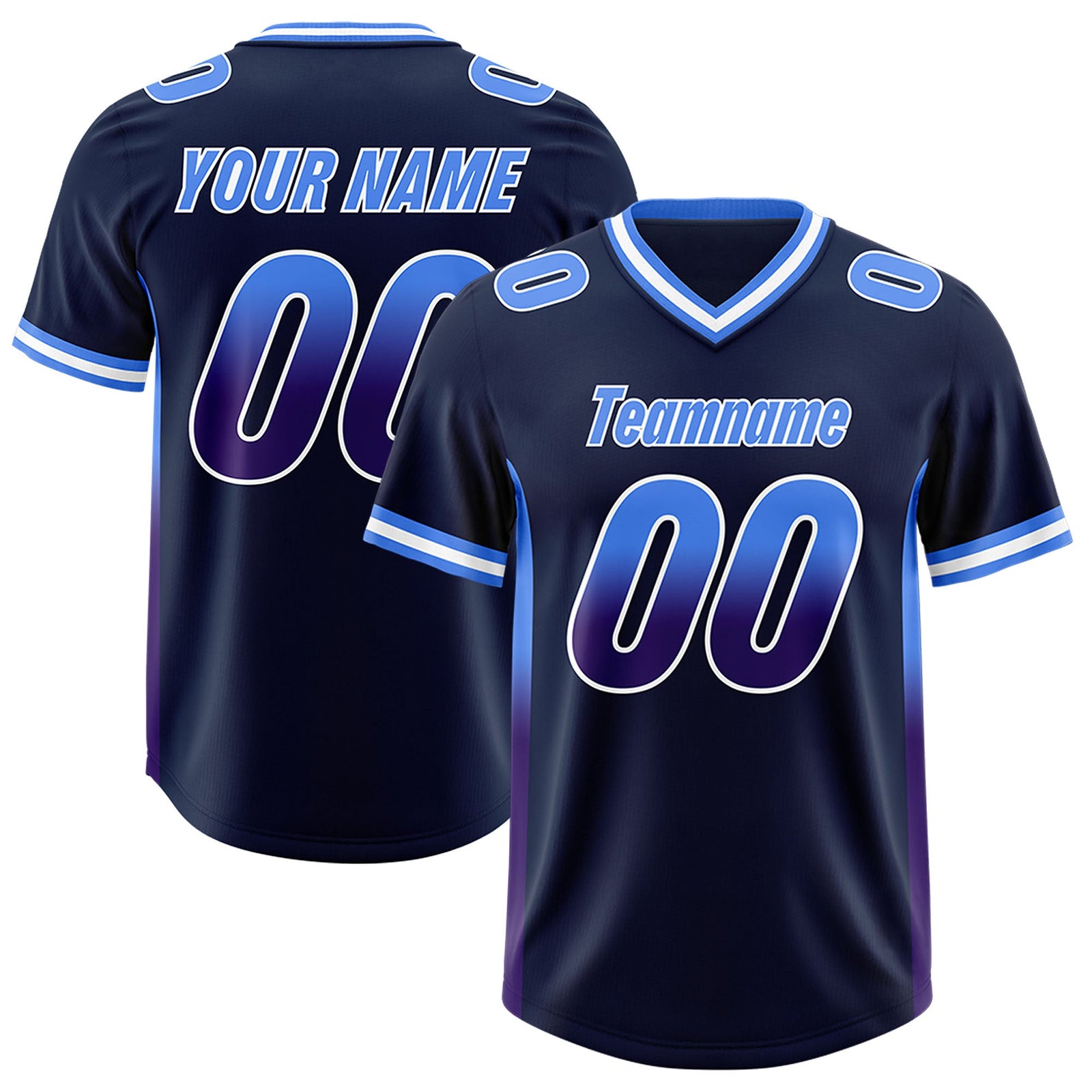 Custom Navy Powder Blue and Purple Sides Gradient Fashion Personalized Team Football Jersey