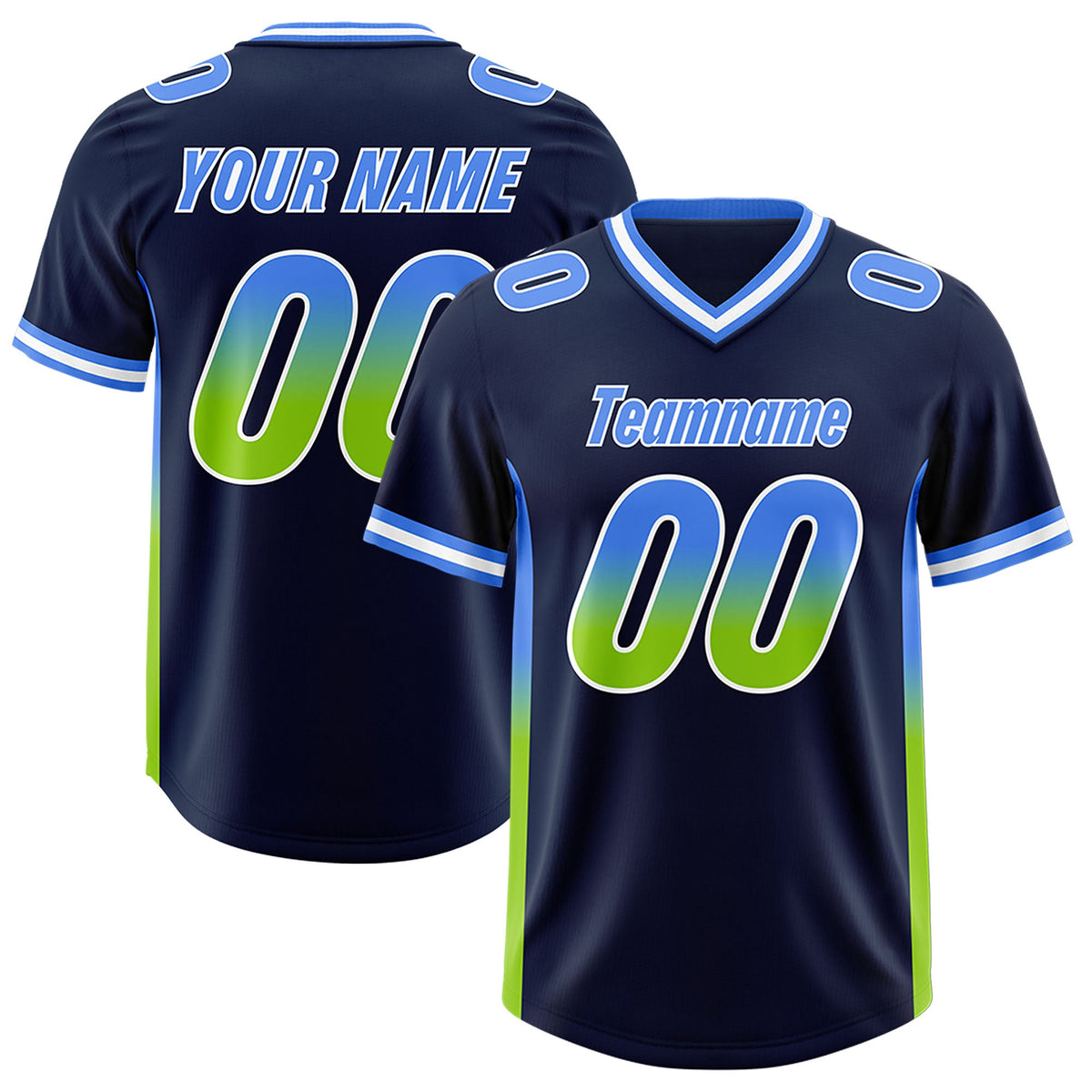 Custom Navy Powder Blue and Neon Green Sides Gradient Fashion Personalized Team Football Jersey