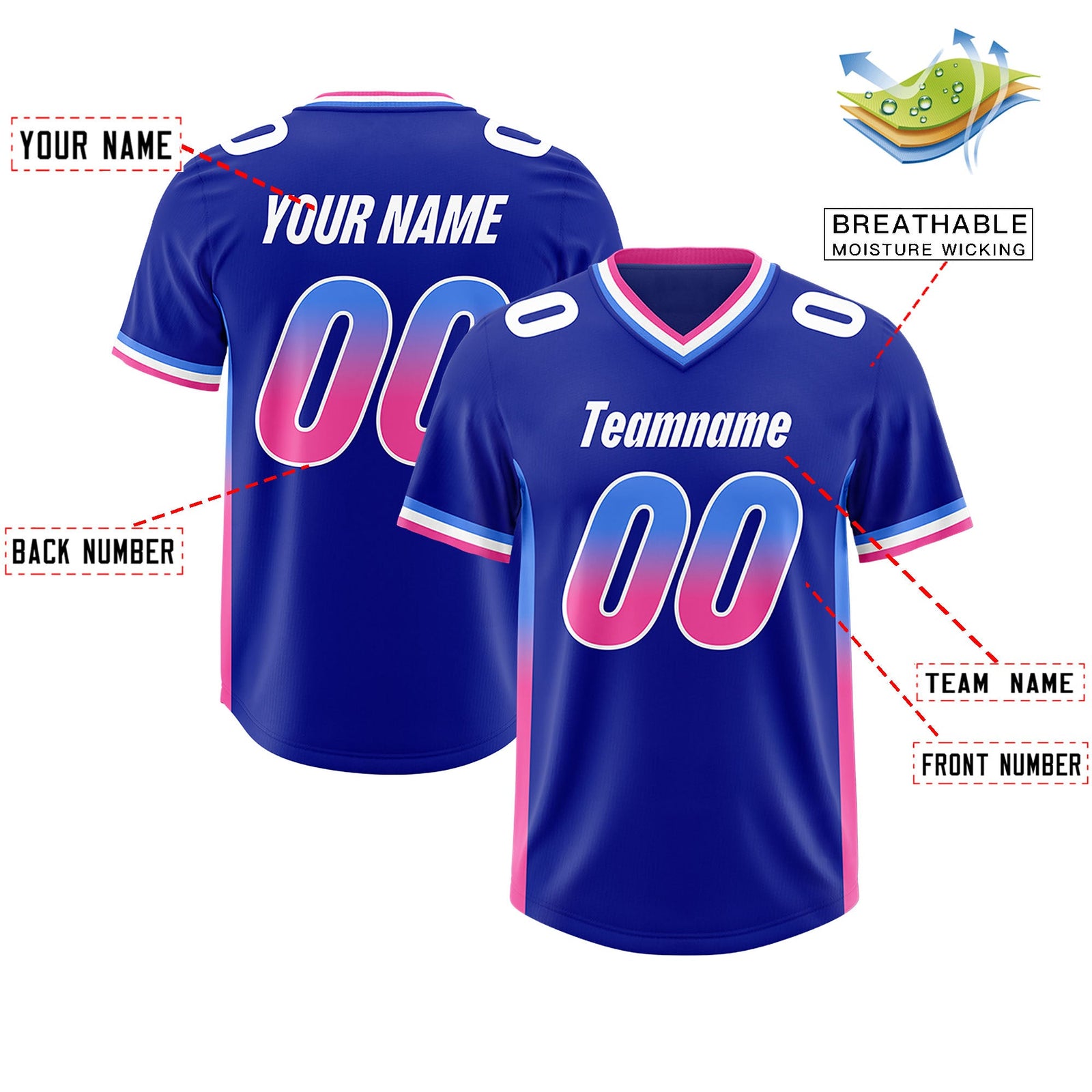 Custom Royal Powder Blue and Pink Sides Gradient Fashion Personalized Team Football Jersey