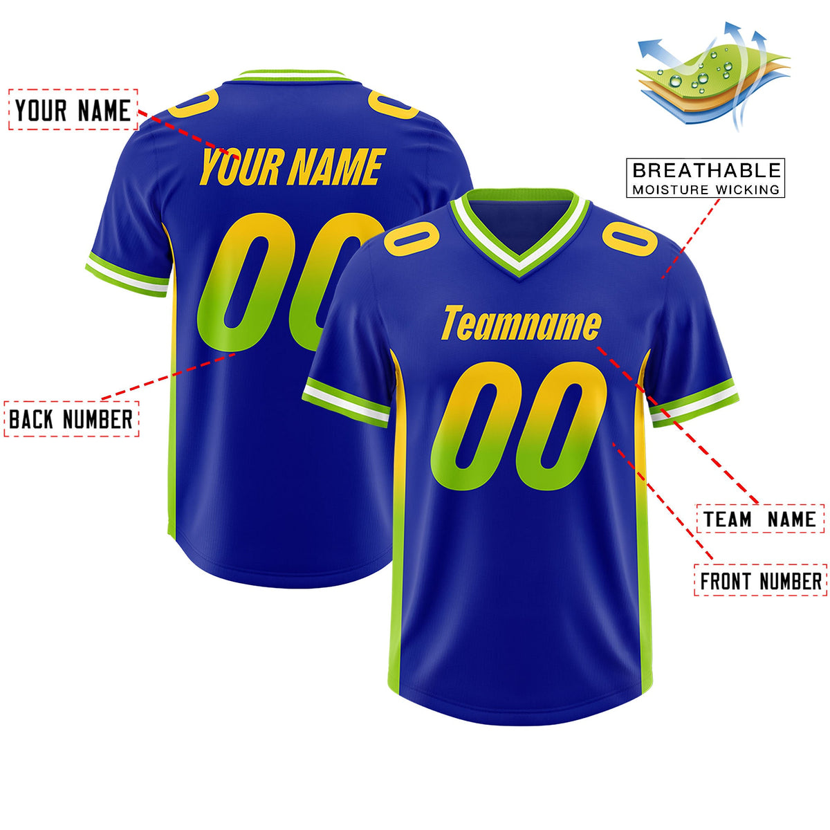 Custom Royal Gold Sides Gradient Fashion Personalized Team Football Jersey