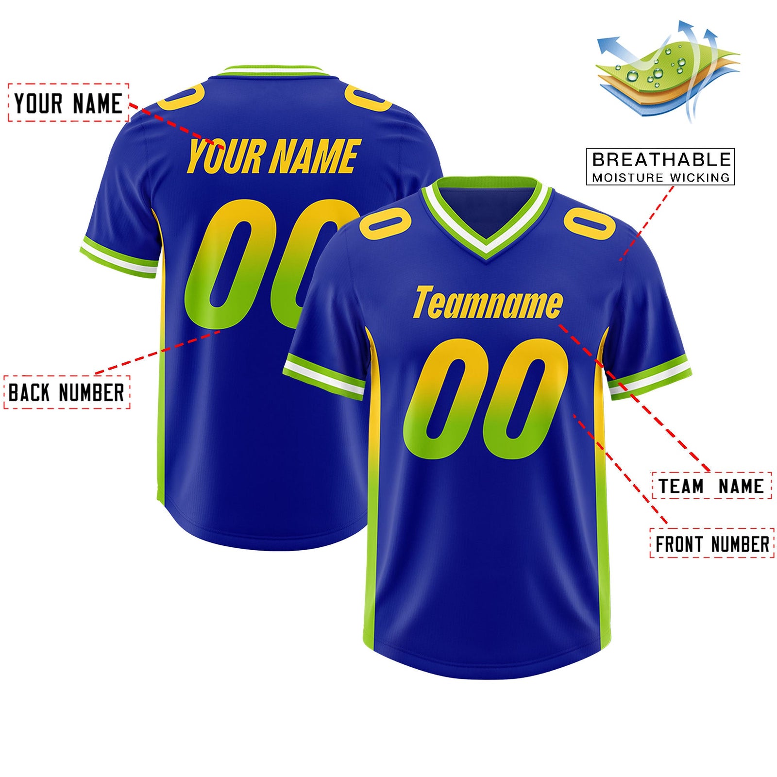 Custom Royal Gold Sides Gradient Fashion Personalized Team Football Jersey