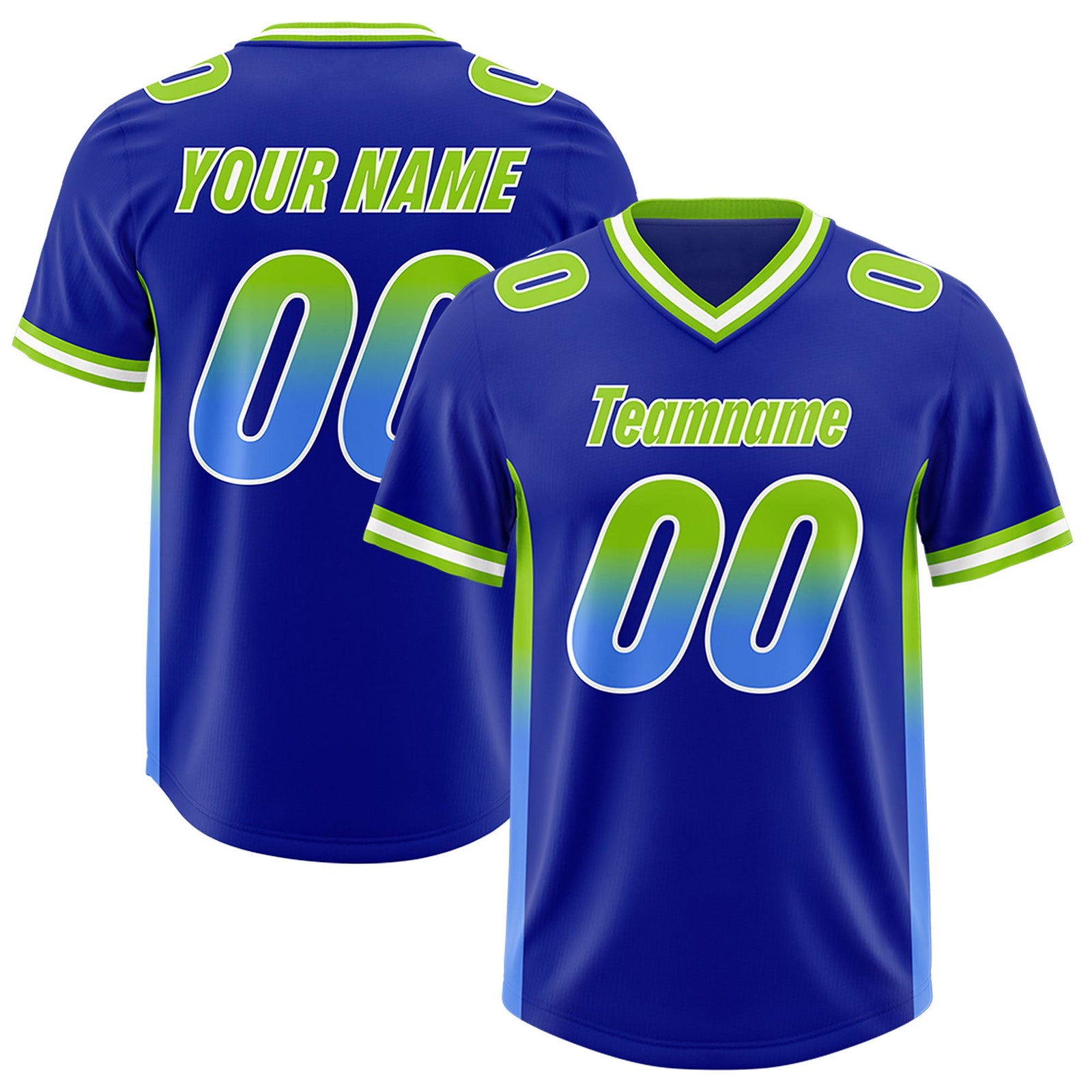 Custom Royal Neon Green and Powder Blue Sides Gradient Fashion Personalized Team Football Jersey