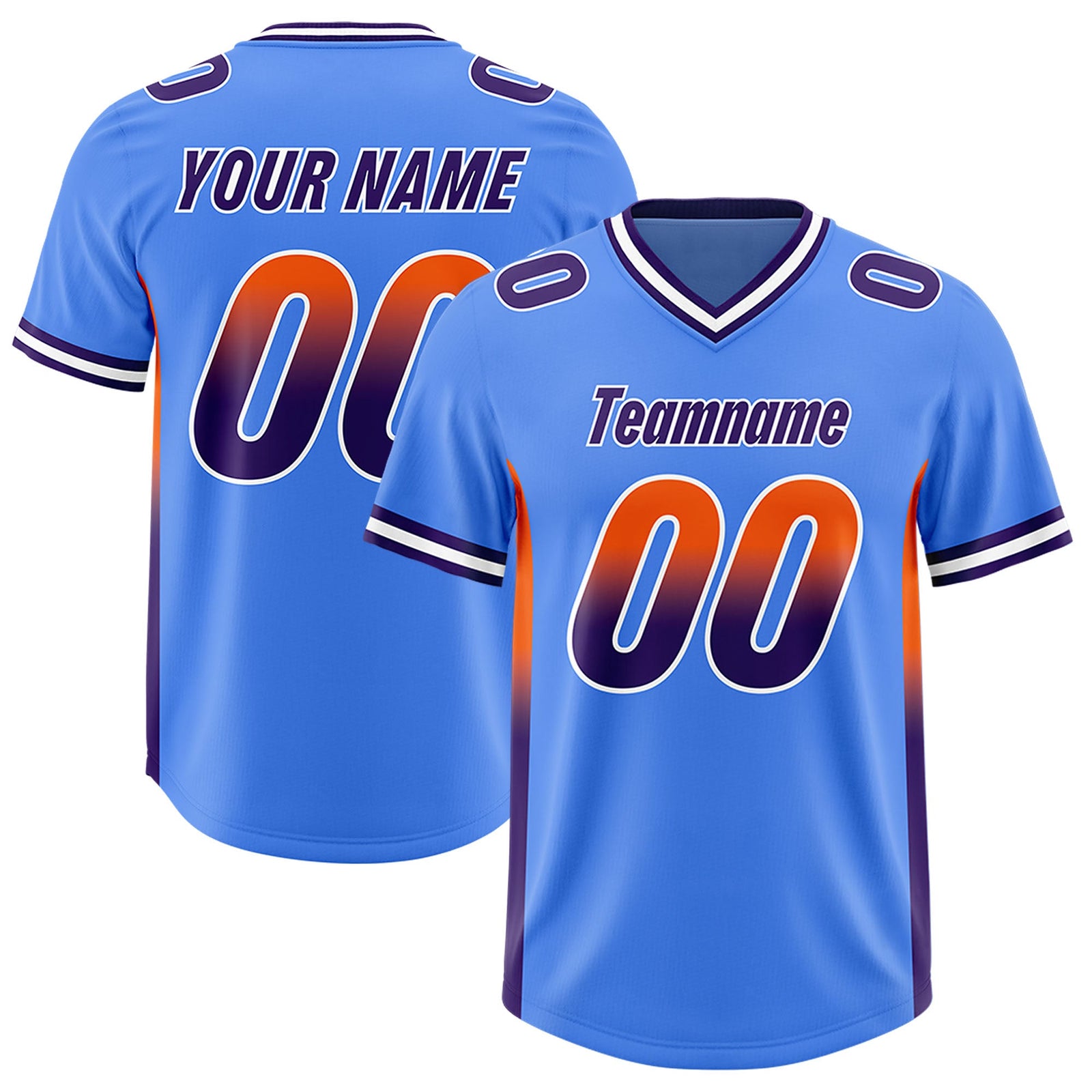 Custom Powder Blue Orange and Purple Sides Gradient Fashion Personalized Team Football Jersey