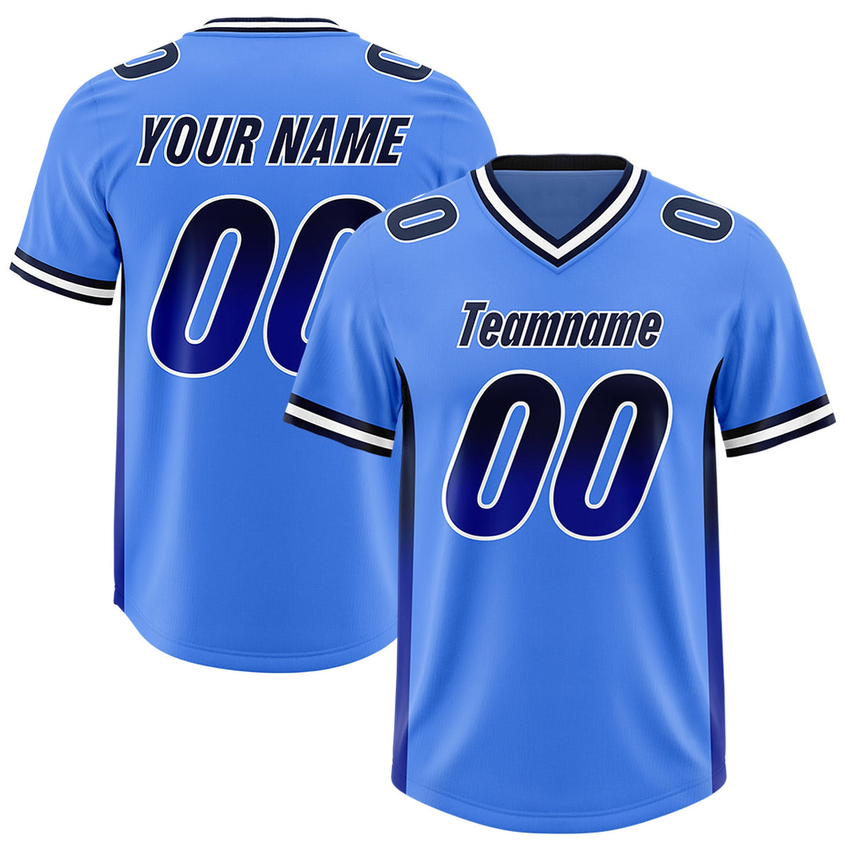 Custom Powder Blue Navy and Royal Sides Gradient Fashion Personalized Team Football Jersey