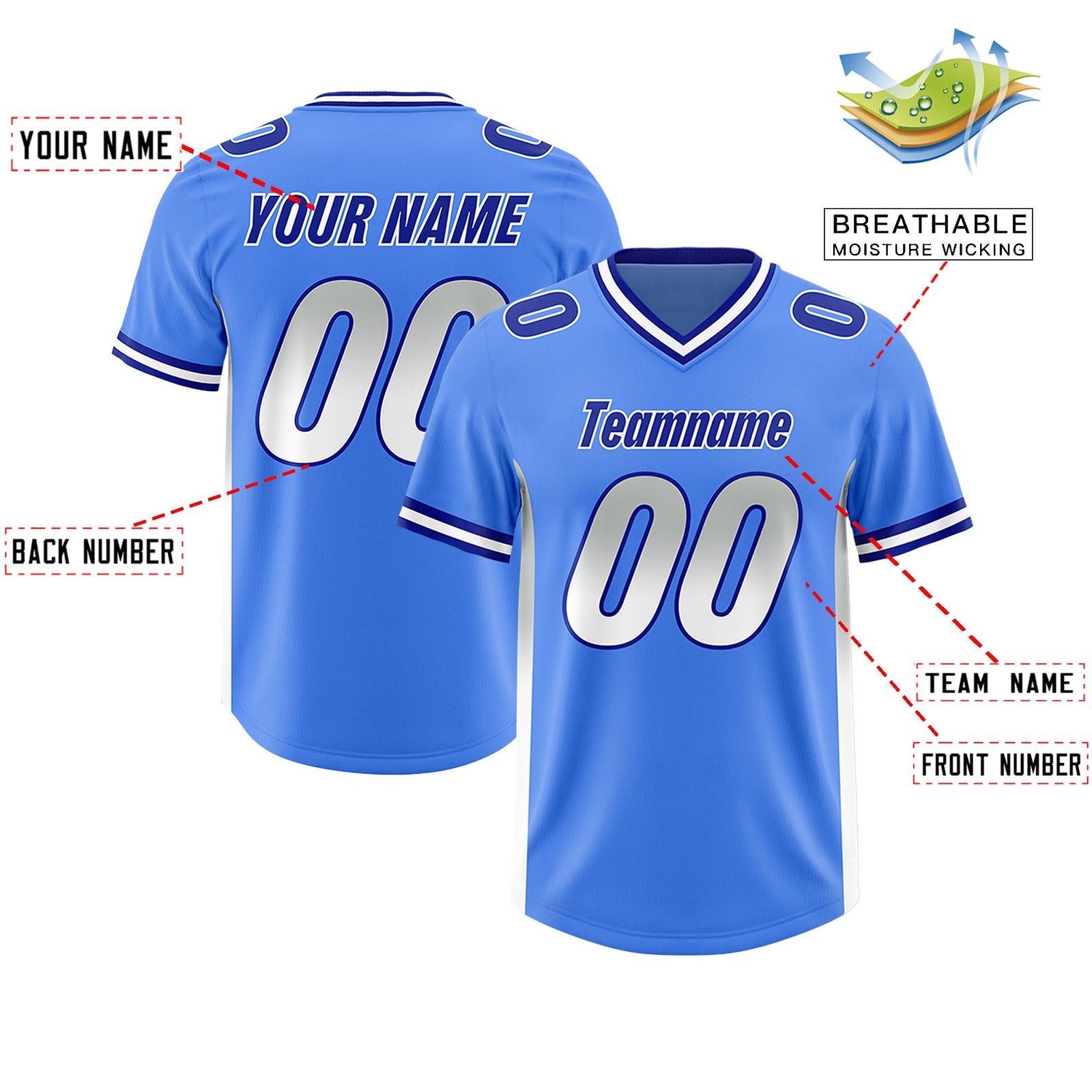Custom Powder Blue Gray and White Sides Gradient Fashion Personalized Team Football Jersey