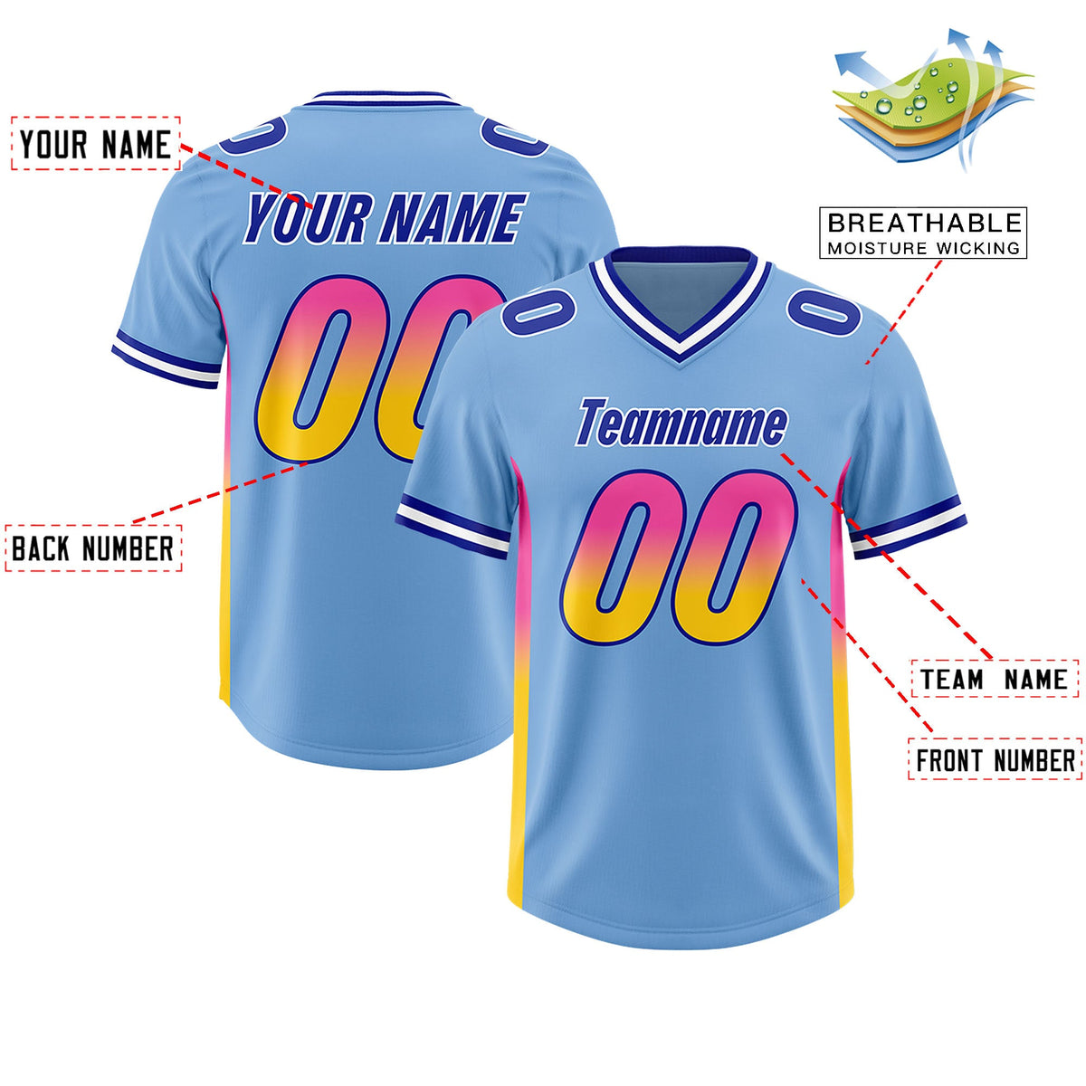 Custom Powder Blue Pink and Gold Sides Gradient Fashion Personalized Team Football Jersey