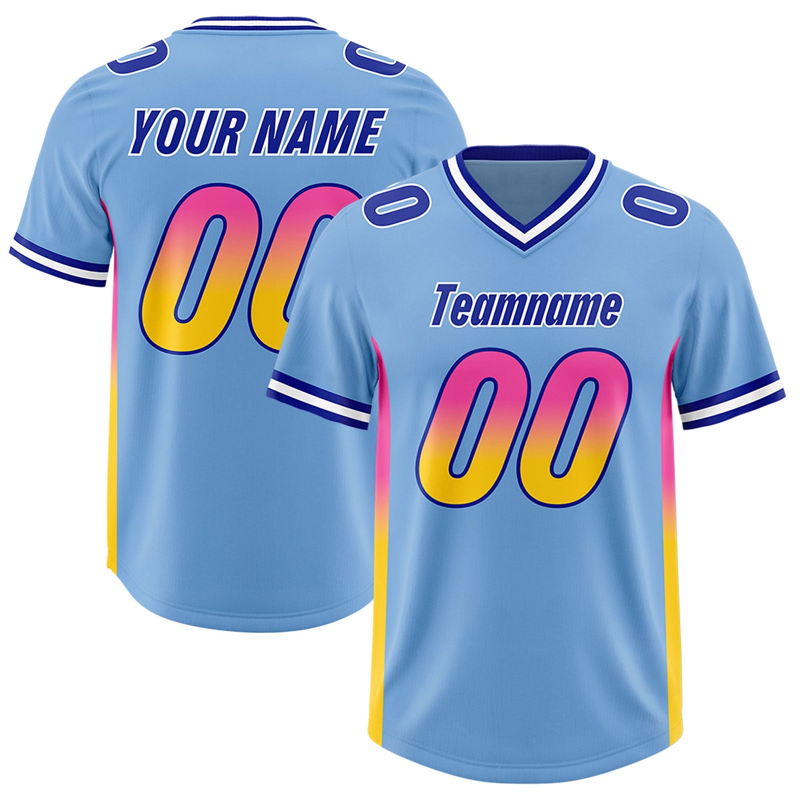 Custom Powder Blue Pink and Gold Sides Gradient Fashion Personalized Team Football Jersey