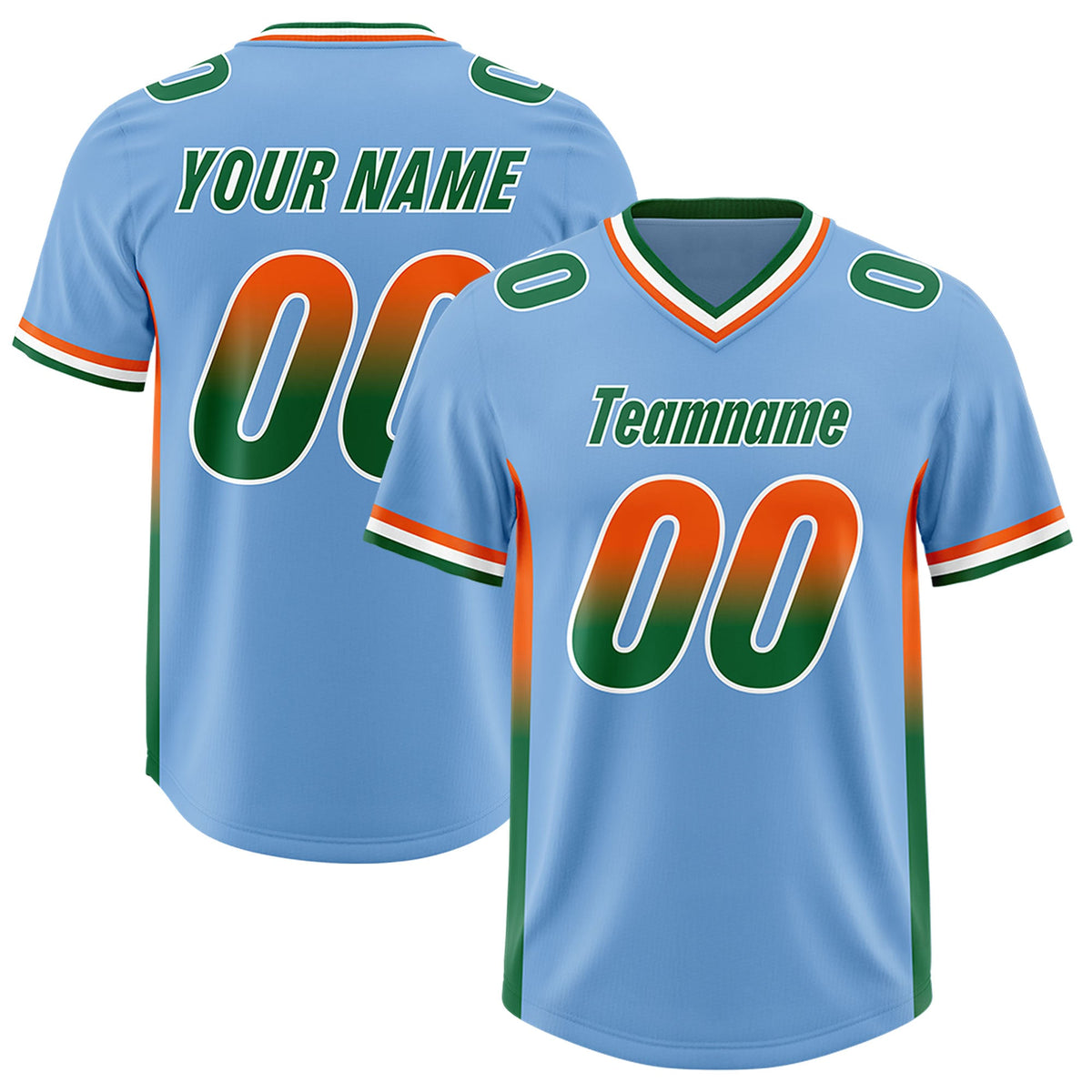Custom Powder Blue Orange and Kelly Green Sides Gradient Fashion Personalized Team Football Jersey