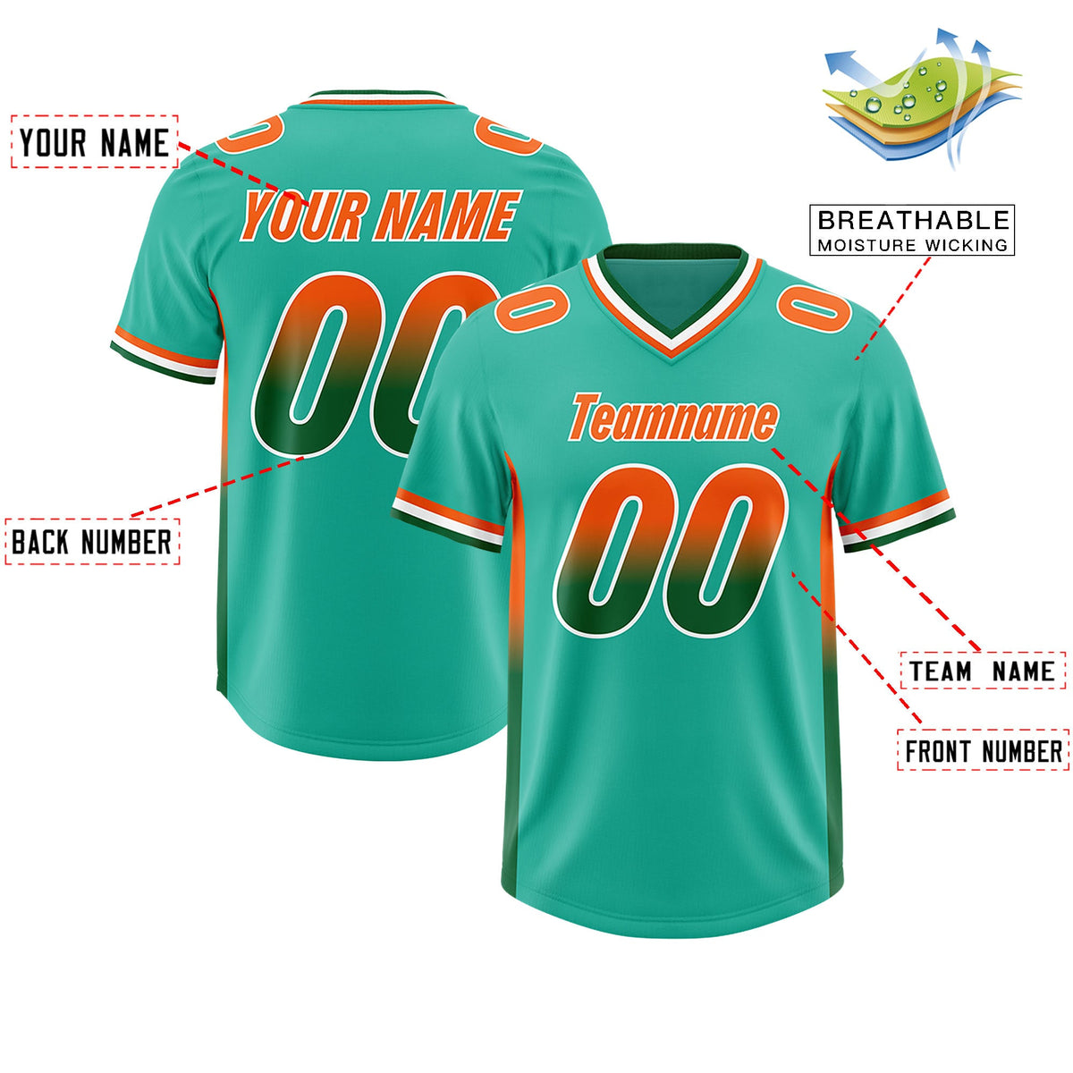 Custom Bright Green Orange and Kelly Green Sides Gradient Fashion Personalized Team Football Jersey