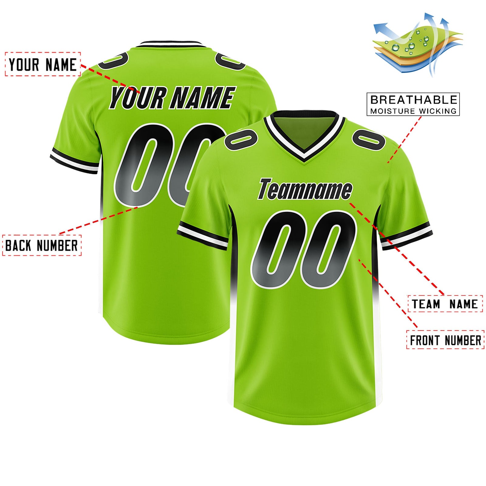 Custom Neon Green Black and White Sides Gradient Fashion Personalized Team Football Jersey