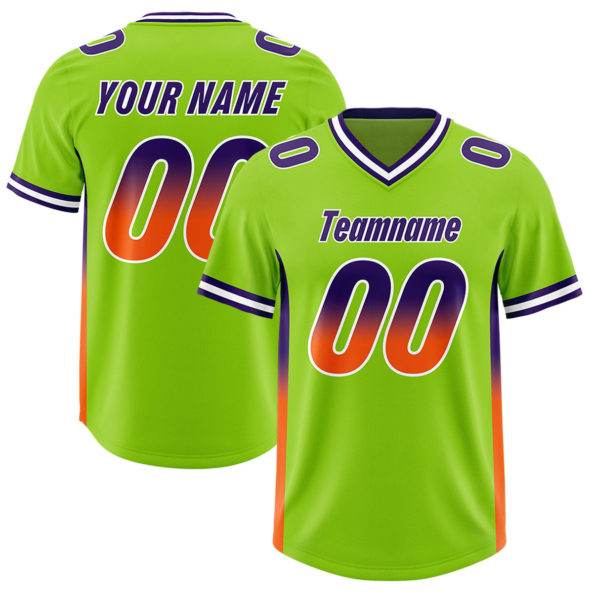 Custom Neon Green Purple and Orange Sides Gradient Fashion Personalized Team Football Jersey
