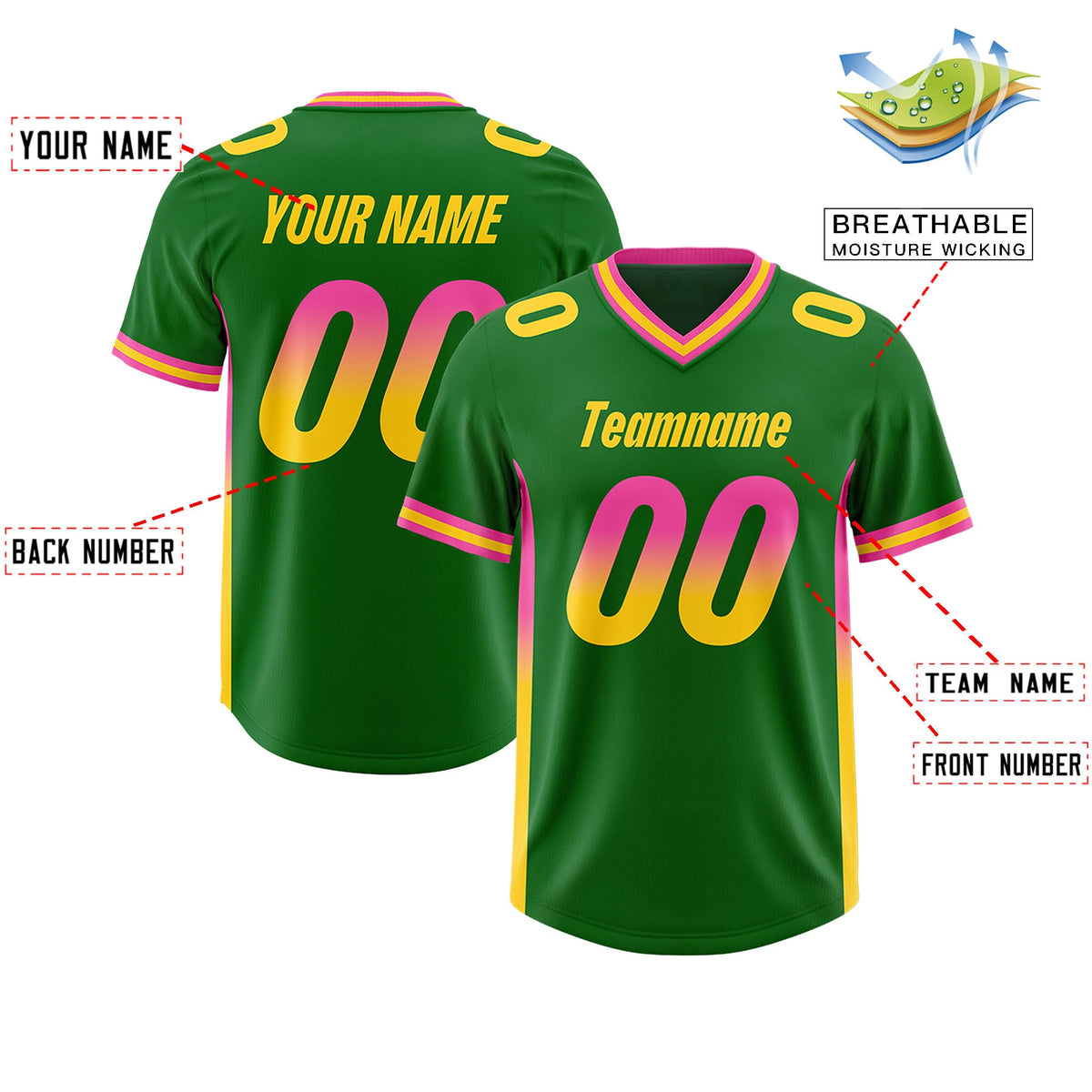 Custom Kelly Green Pink and Gold Sides Gradient Fashion Personalized Team Football Jersey