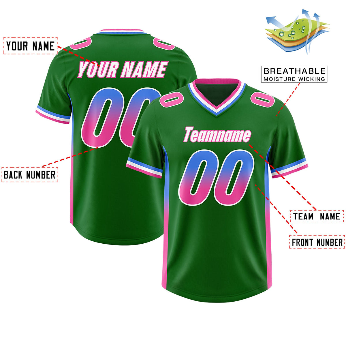 Custom Kelly Green Powder Blue and Pink Sides Gradient Fashion Personalized Team Football Jersey