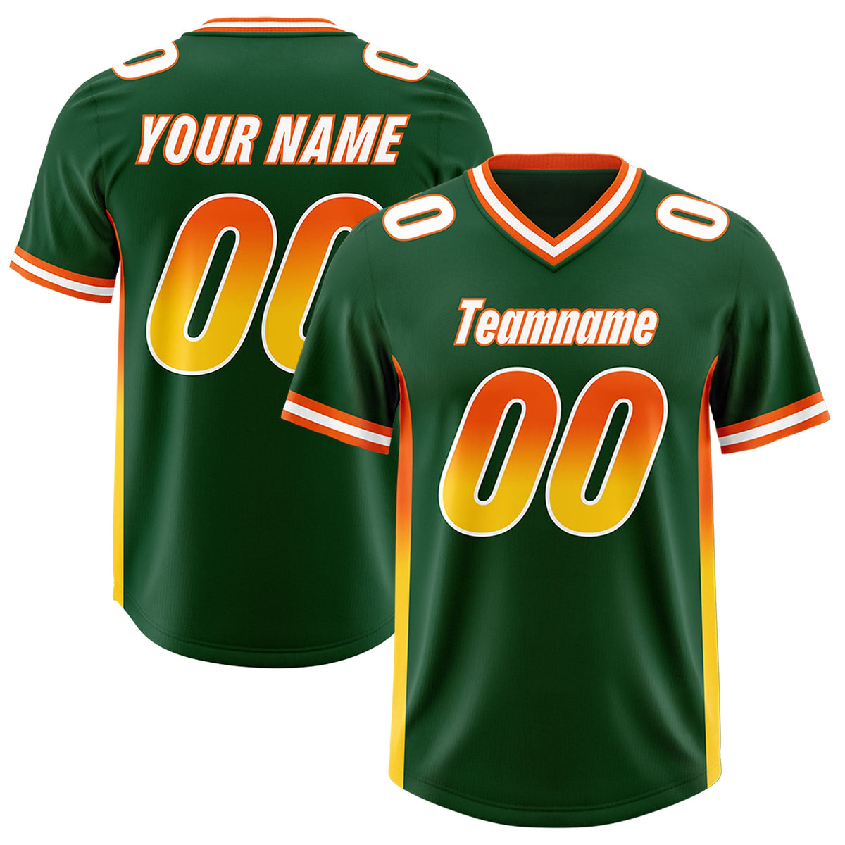 Custom Green Orange and Gold Sides Gradient Fashion Personalized Team Football Jersey