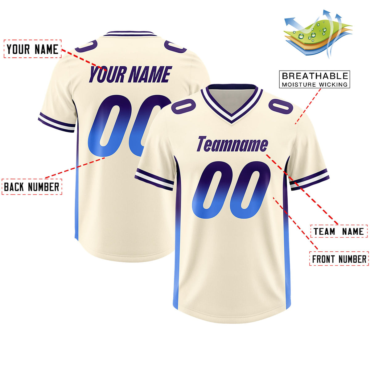 Custom Cream Purple and Powder Blue Sides Gradient Fashion Personalized Team Football Jersey