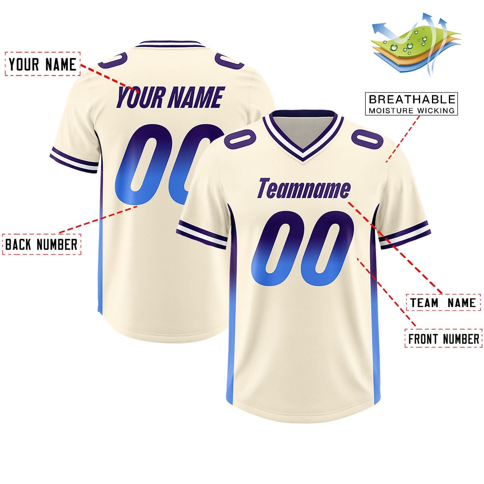 Custom Cream Purple and Powder Blue Sides Gradient Fashion Personalized Team Football Jersey