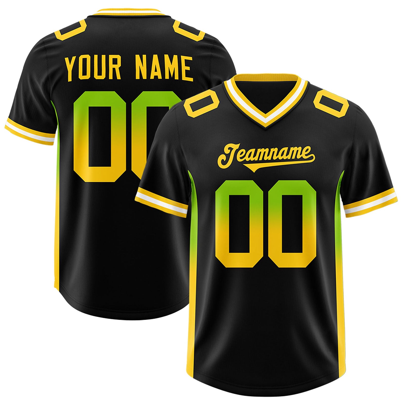 Custom Black Neon Green and Gold Sides Gradient Fashion Personalized Team Football Jersey