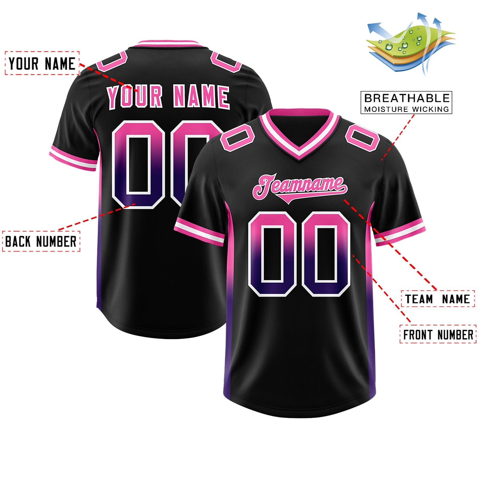 Custom Black Pink and Purple Sides Gradient Fashion Personalized Team Football Jersey