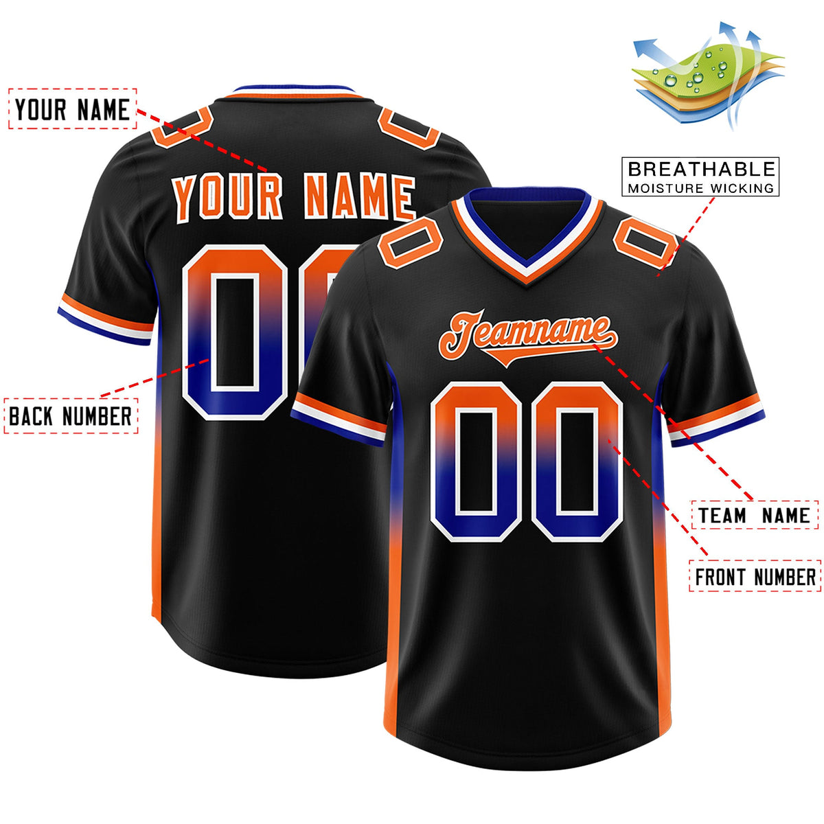 Custom Black Royal and Orange Sides Gradient Fashion Personalized Team Football Jersey