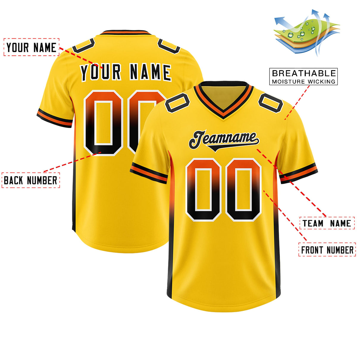 Custom Gold Orange and Black Sides Gradient Fashion Personalized Team Football Jersey
