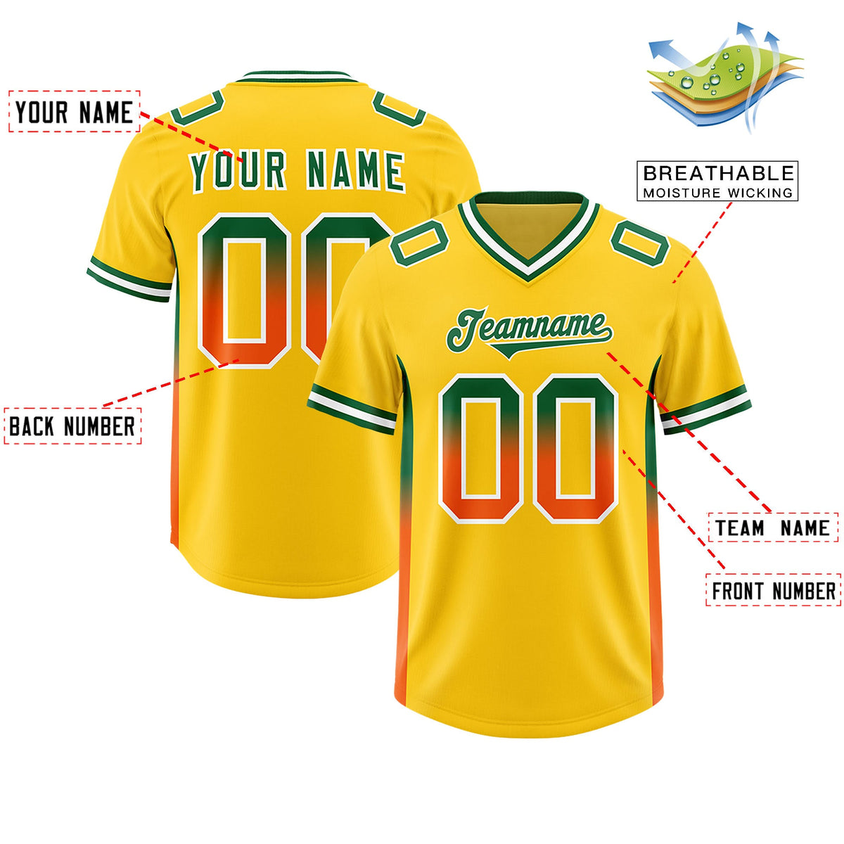 Custom Gold Kelly Green and Orange Sides Gradient Fashion Personalized Team Football Jersey