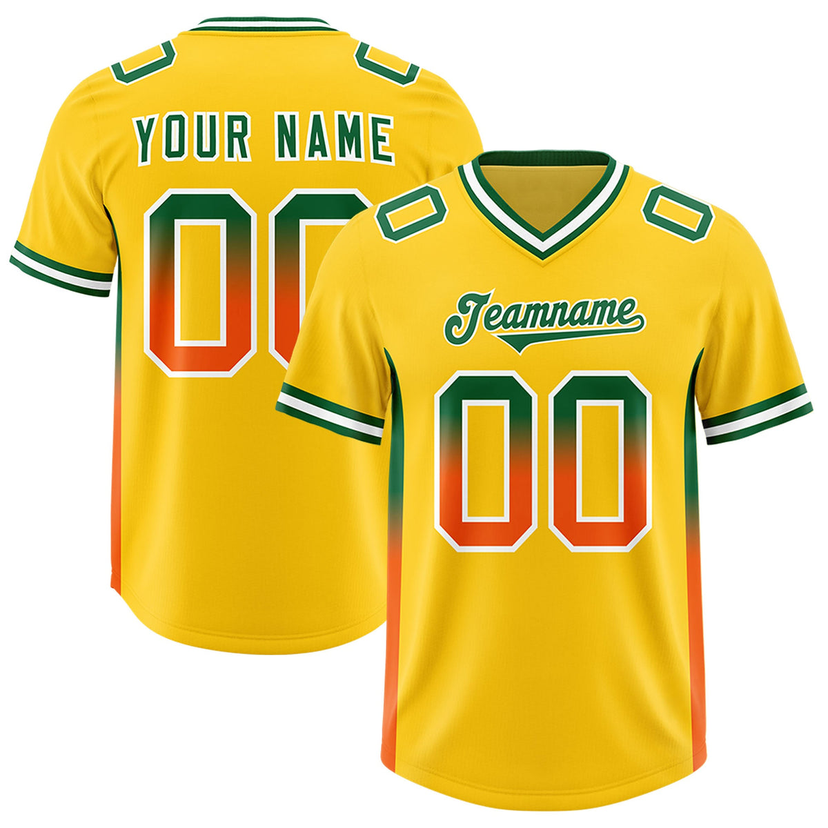 Custom Gold Kelly Green and Orange Sides Gradient Fashion Personalized Team Football Jersey