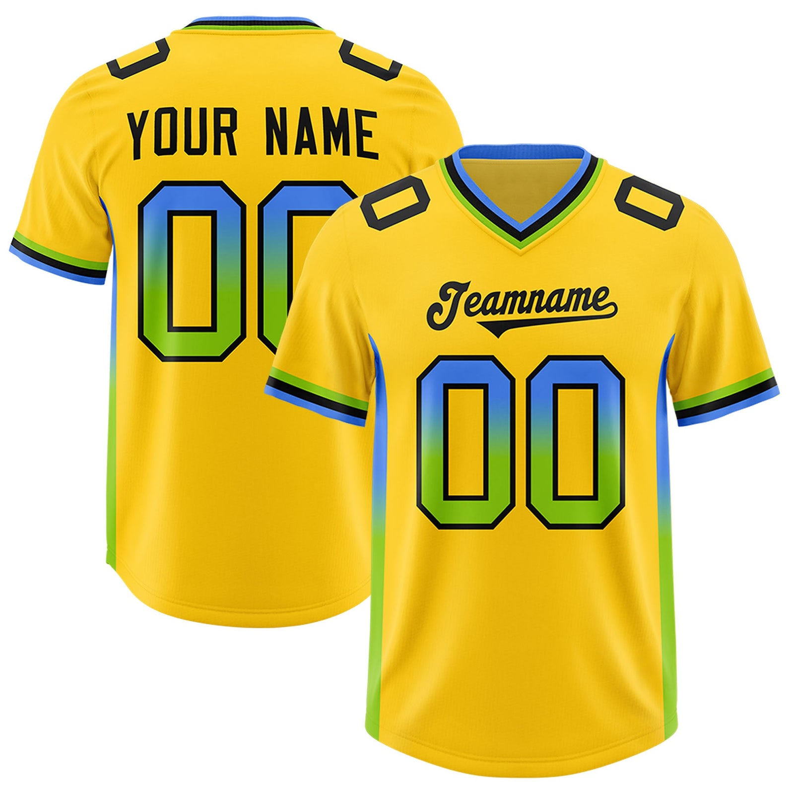 Custom Gold Powder Blue and Neon Green Sides Gradient Fashion Personalized Team Football Jersey