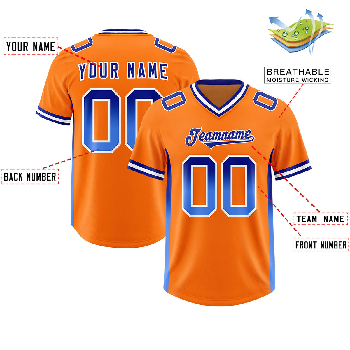 Custom Orange Royal and Powder Blue Sides Gradient Fashion Personalized Team Football Jersey