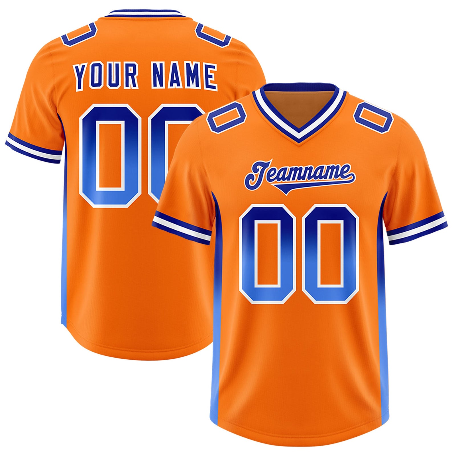 Custom Orange Royal and Powder Blue Sides Gradient Fashion Personalized Team Football Jersey
