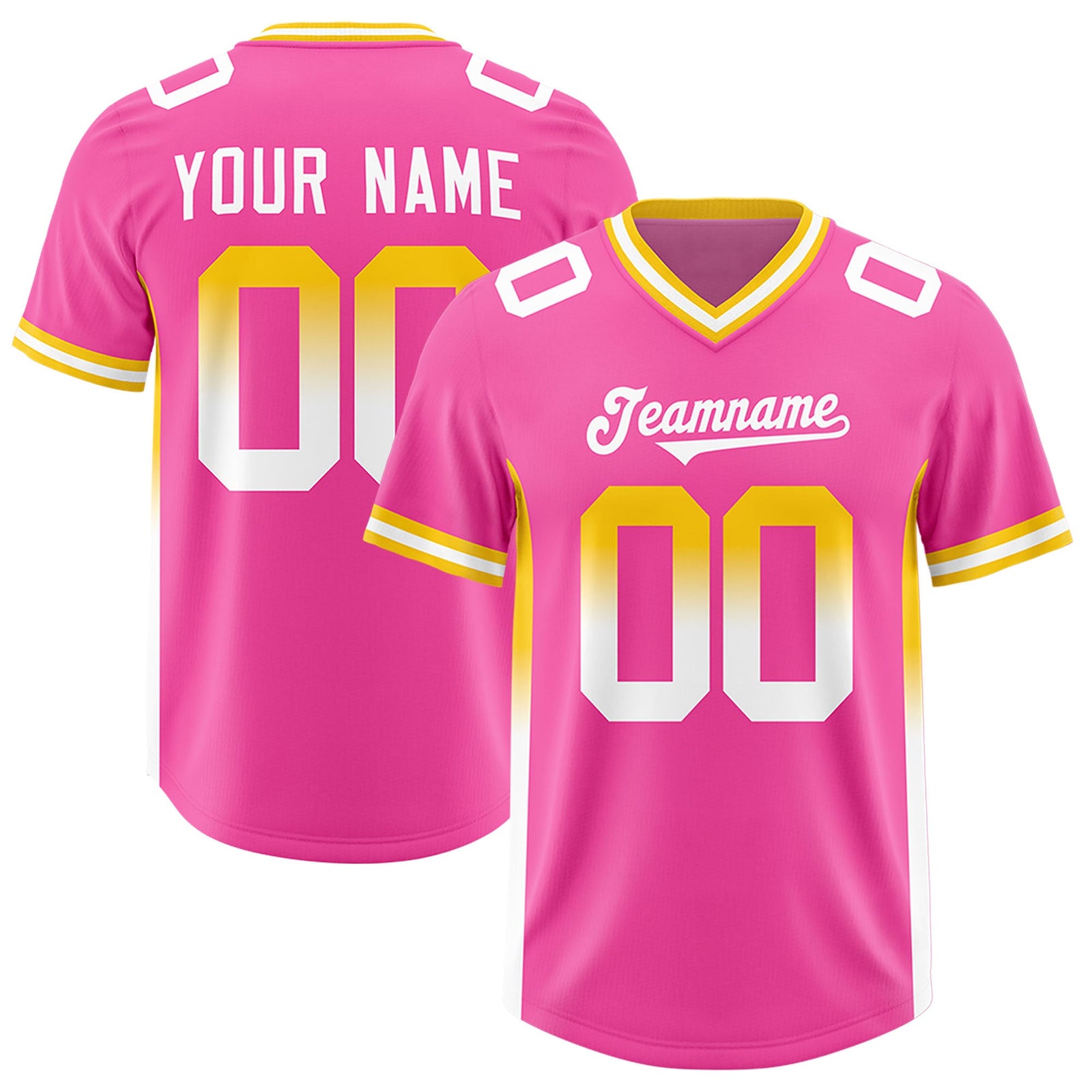 Custom Pink Gold Sides Gradient Fashion Personalized Team Football Jersey