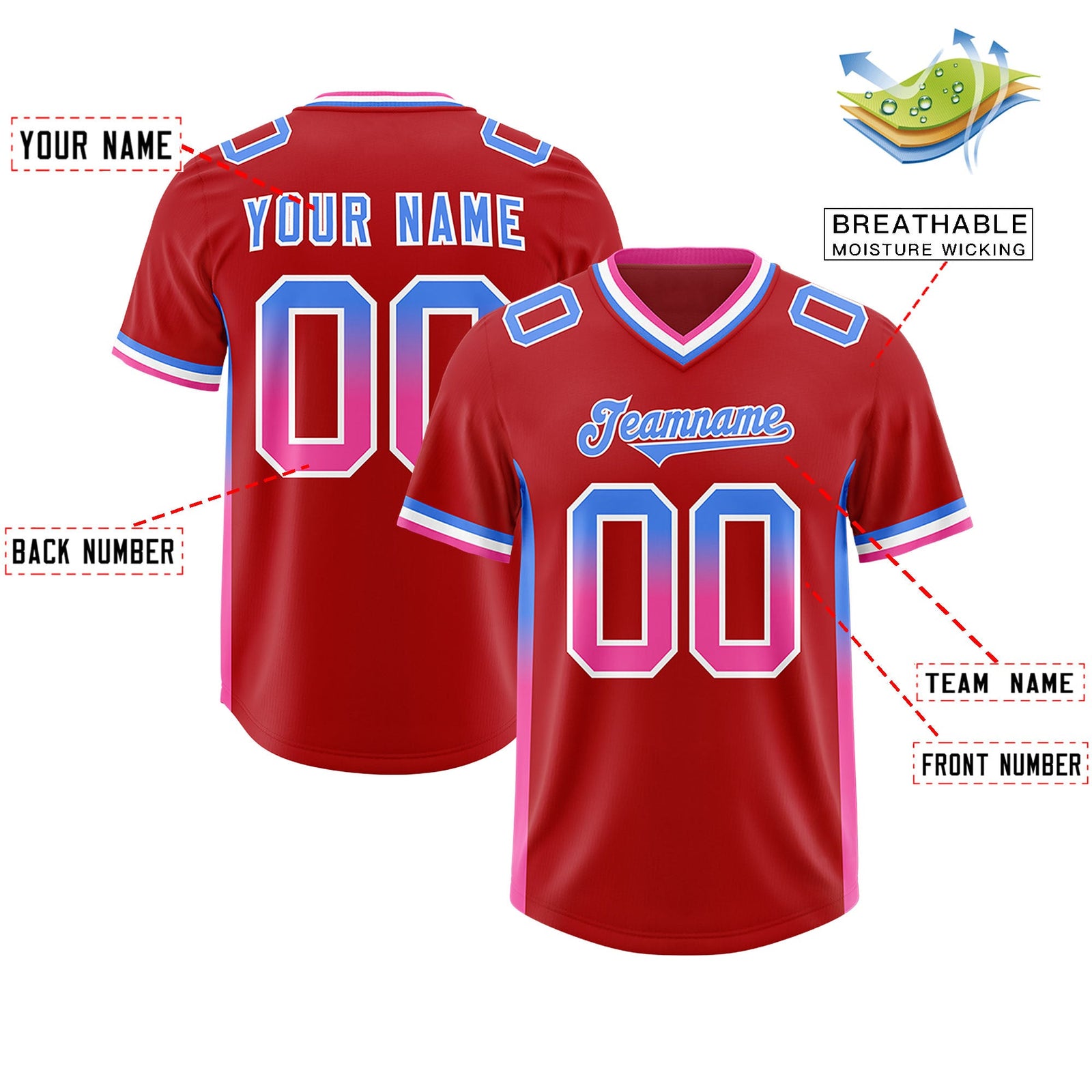Custom Red Powder Blue and Pink Sides Gradient Fashion Personalized Team Football Jersey