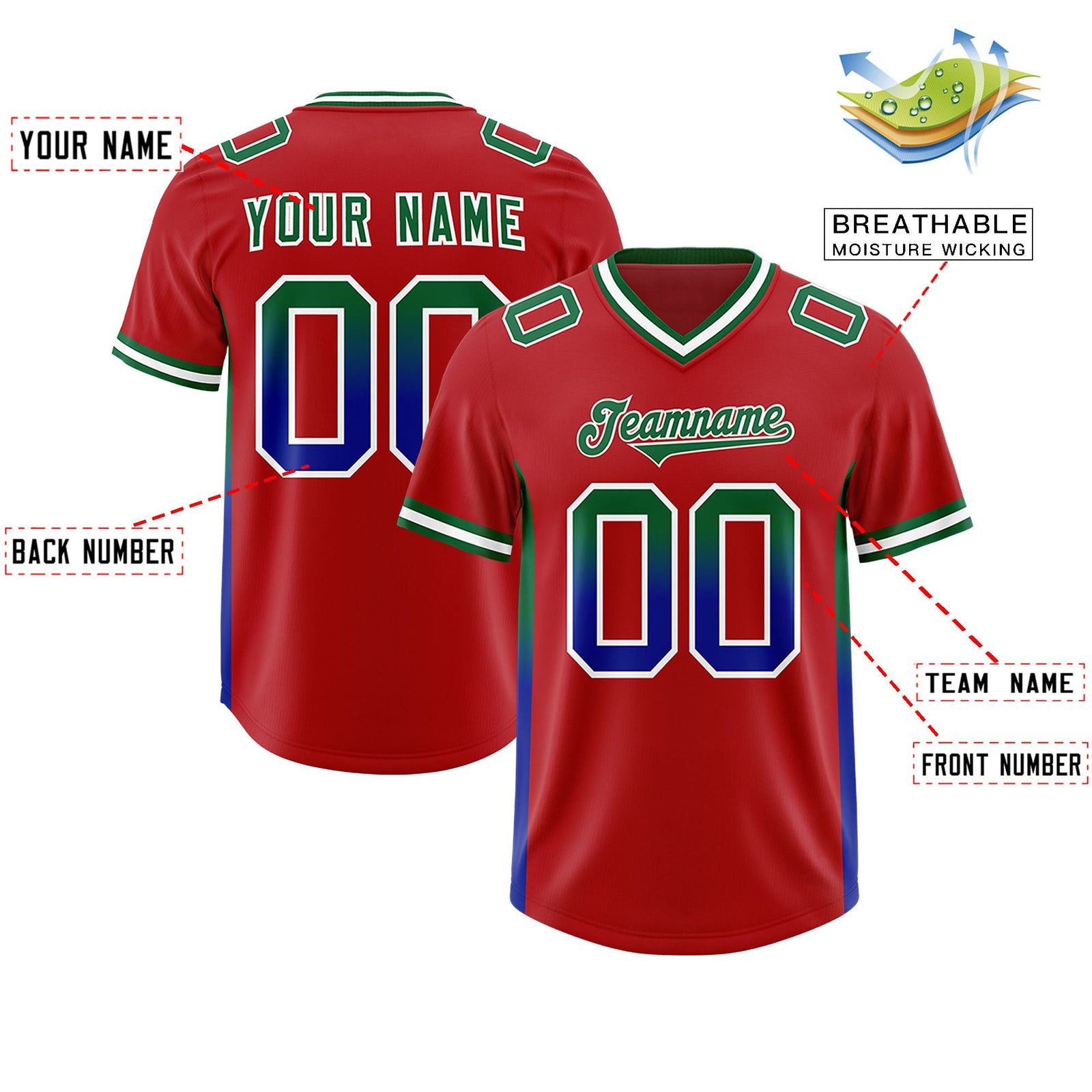 Custom Red Kelly Green and Royal Sides Gradient Fashion Personalized Team Football Jersey