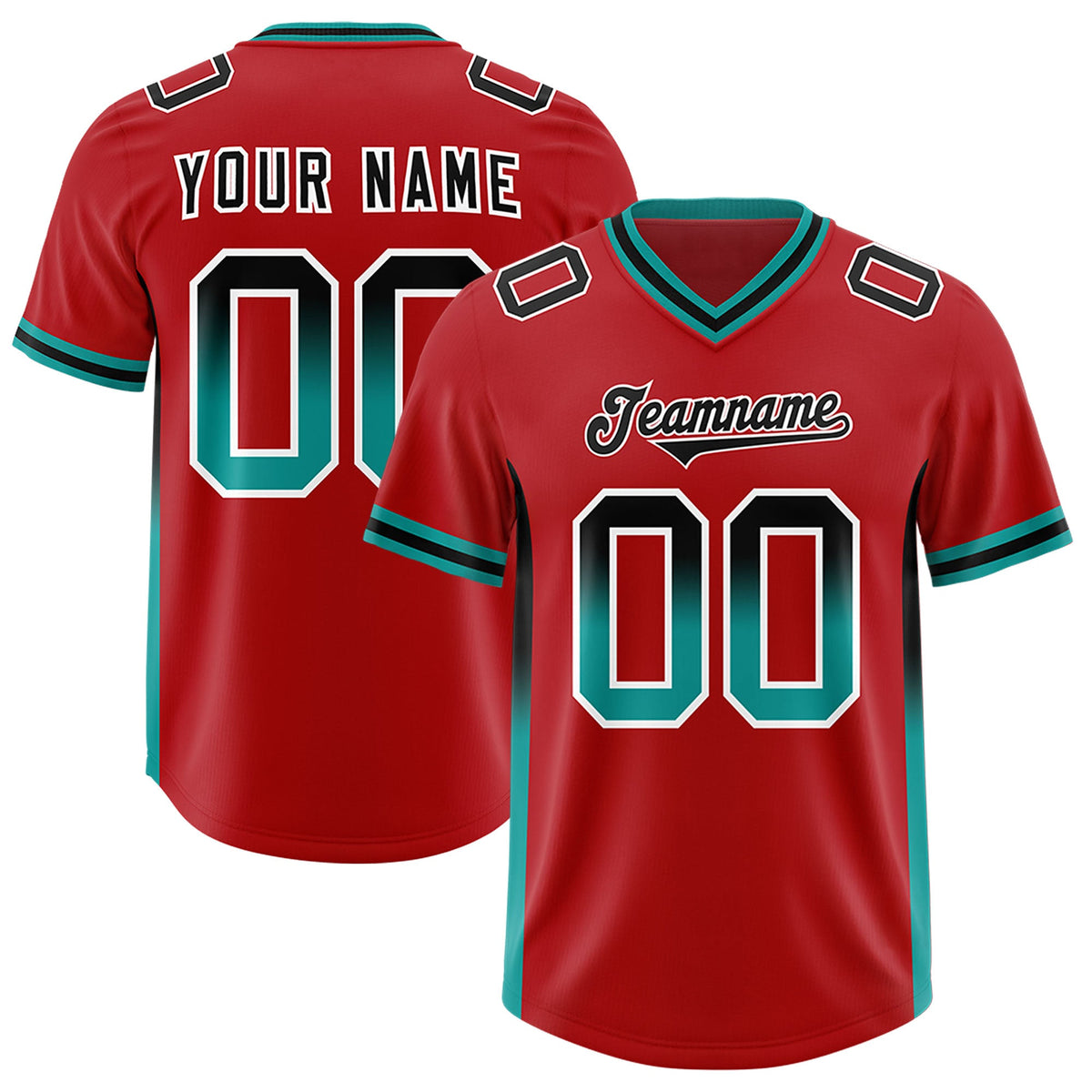 Custom Red Black and Aqua Sides Gradient Fashion Personalized Team Football Jersey