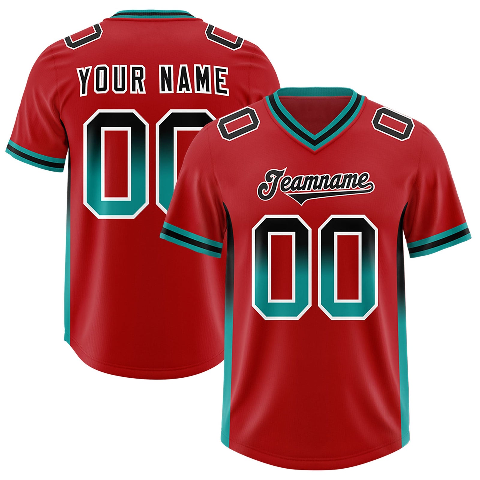 Custom Red Black and Aqua Sides Gradient Fashion Personalized Team Football Jersey