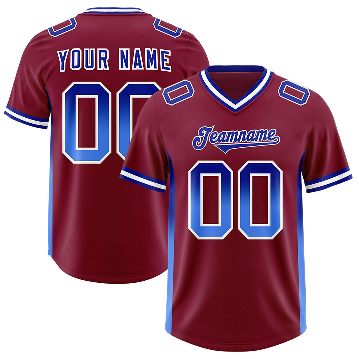 Custom Cardinal Royal and Powder Blue Sides Gradient Fashion Personalized Team Football Jersey