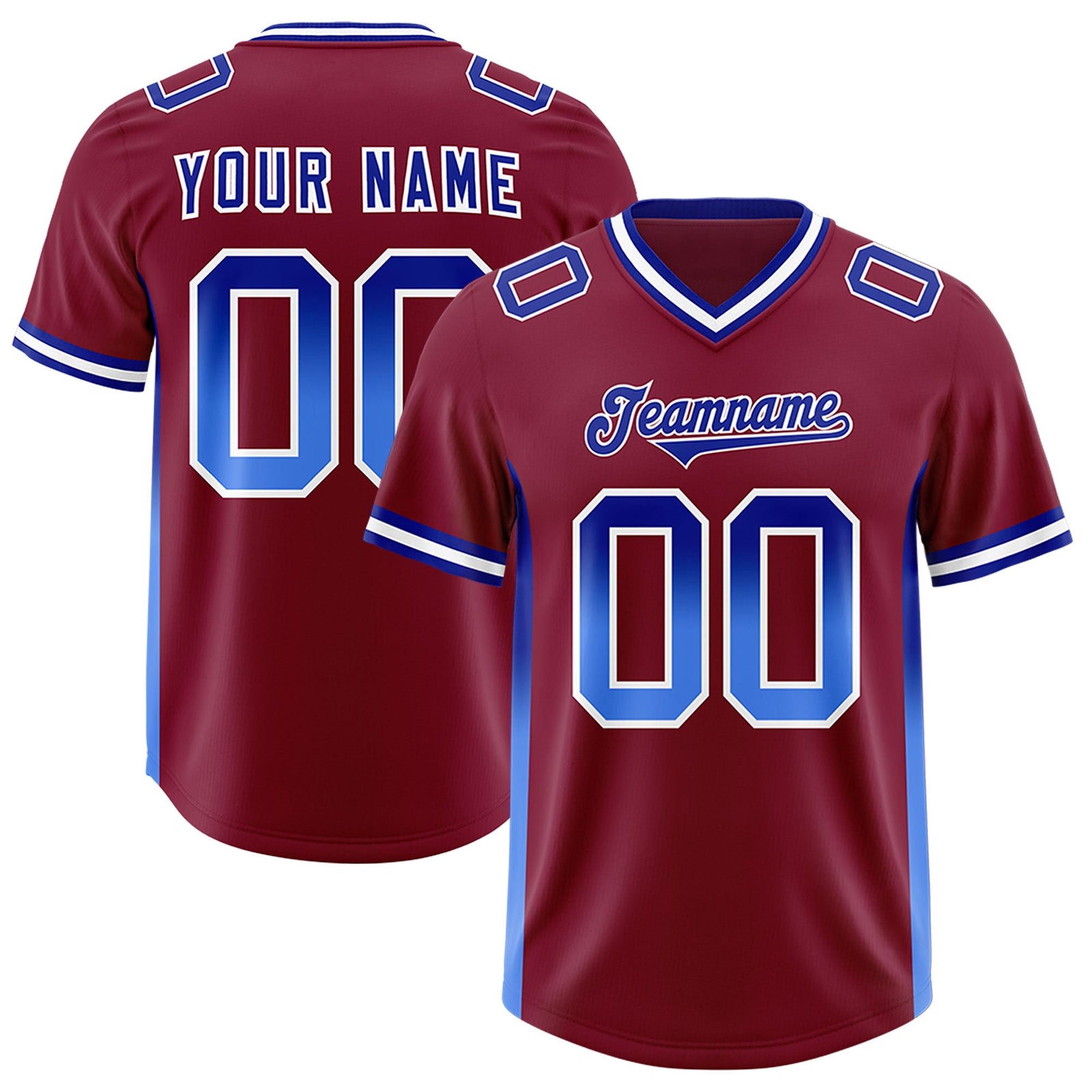 Custom Cardinal Royal and Powder Blue Sides Gradient Fashion Personalized Team Football Jersey