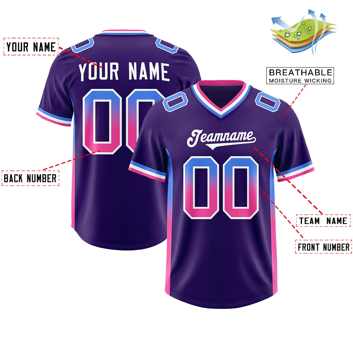 Custom Purple Powder Blue and Pink Sides Gradient Fashion Personalized Team Football Jersey