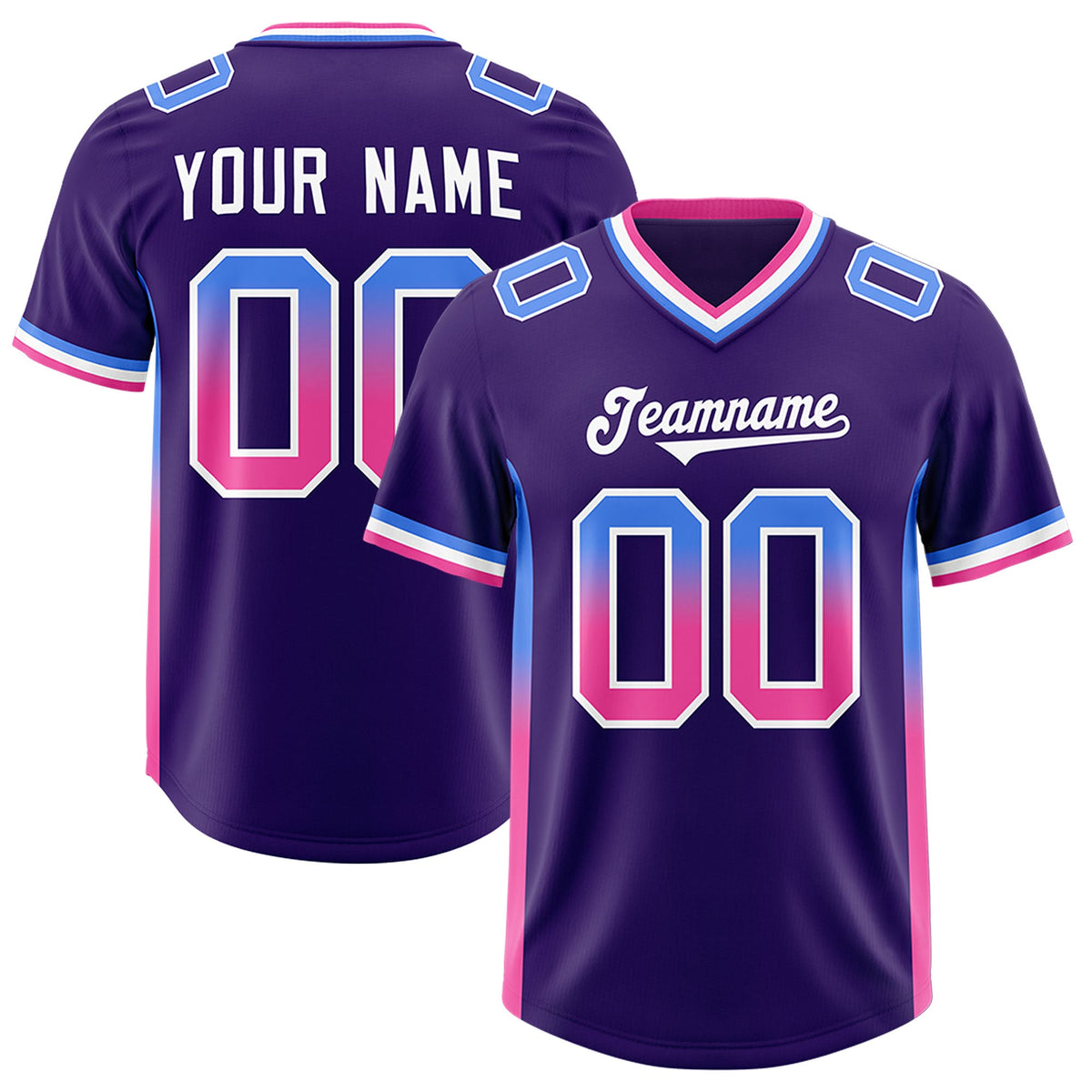 Custom Purple Powder Blue and Pink Sides Gradient Fashion Personalized Team Football Jersey