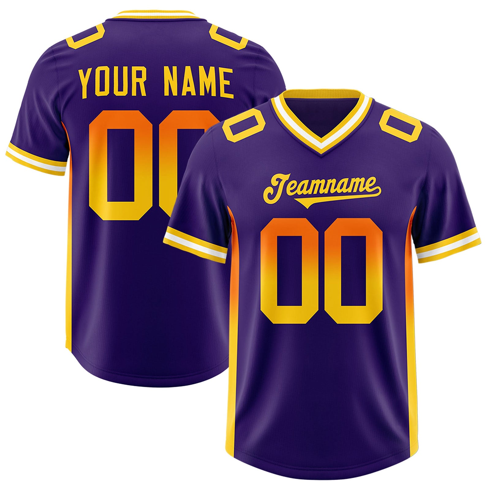 Custom Purple Orange and Gold Sides Gradient Fashion Personalized Team Football Jersey